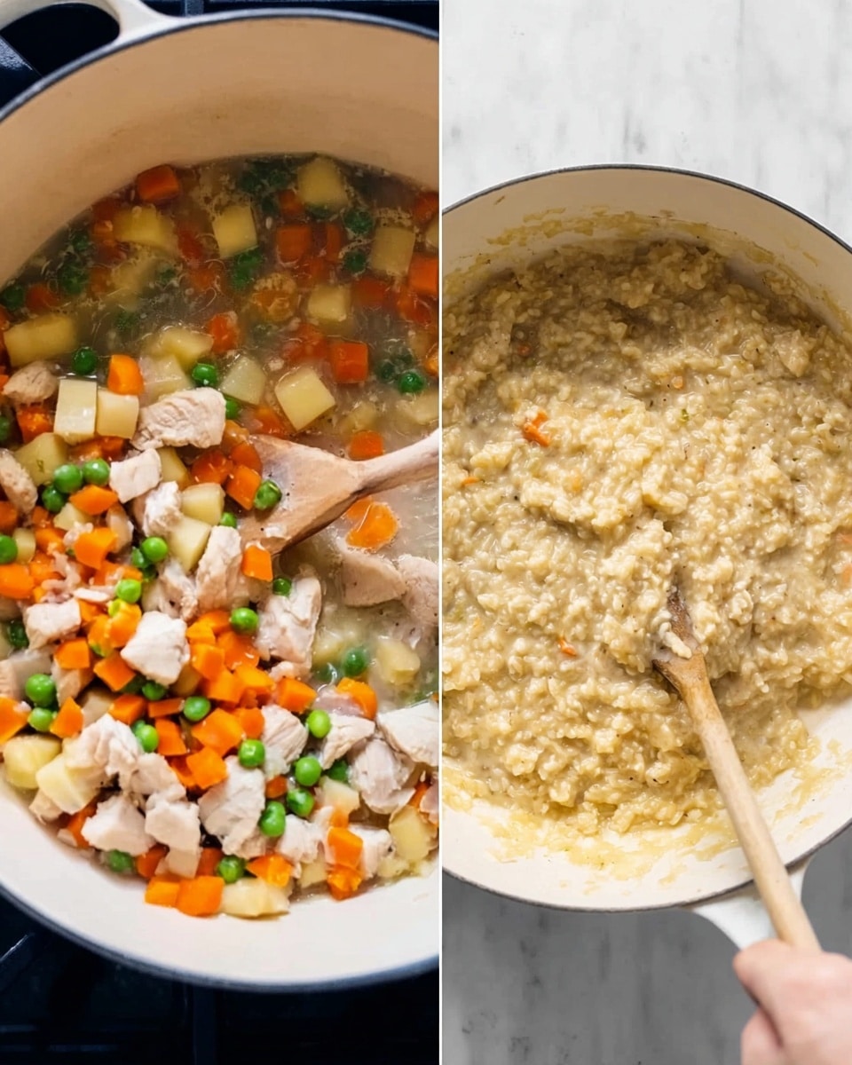 The image is divided into two parts showing two stages of cooking. On the left side, there is a white pot filled with a colorful mix of diced chicken pieces, bright orange carrot cubes, green peas, and light yellow potato chunks in a clear broth, stirred with a light wooden spoon held by a woman's hand from the right side. On the right side, in a white pan, there is a creamy, golden-yellow risotto with a slightly textured surface, being mixed with a similar light wooden spoon resting inside the pan. The white marbled surface is in the background of both parts. Photo taken with an iphone --ar 4:5 --v 7