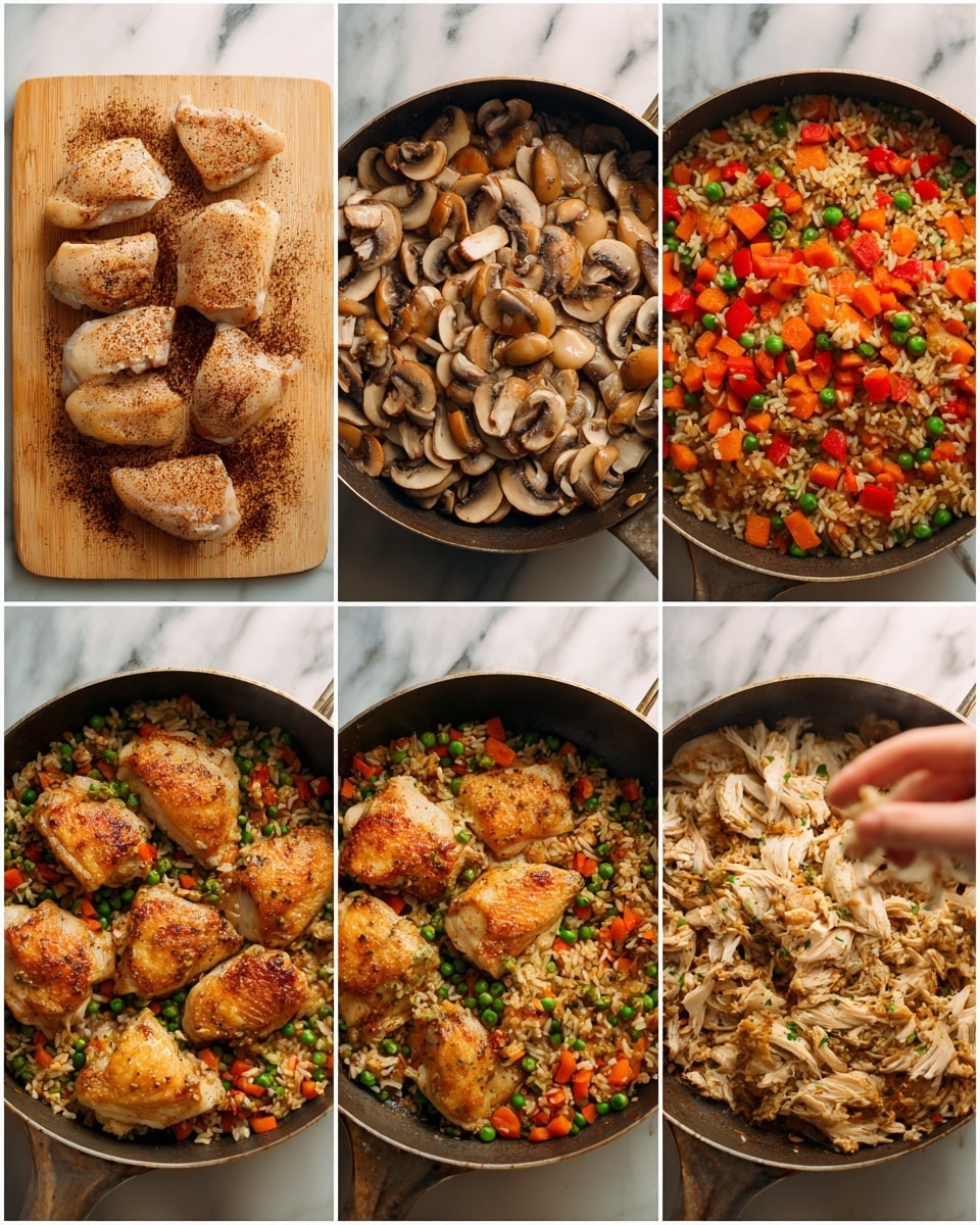 The image shows a step-by-step cooking process in six frames. The first frame presents raw chicken pieces on a wooden board sprinkled with brown spices. The second frame displays a pan with sliced mushrooms and diced red bell peppers cooking. The third frame reveals a close-up of a mix of cooked rice, orange diced carrots, and green peas. The fourth frame captures a woman's hand placing the seasoned chicken pieces into the pan with the vegetables. The fifth frame shows the chicken pieces browned on top, resting on the mix of rice and vegetables in the pan. The last frame features shredded cooked chicken mixed with the rice and vegetables, with visible chunks of carrot and mushroom inside. The background in all frames is a white marbled texture. Photo taken with an iphone --ar 4:5 --v 7