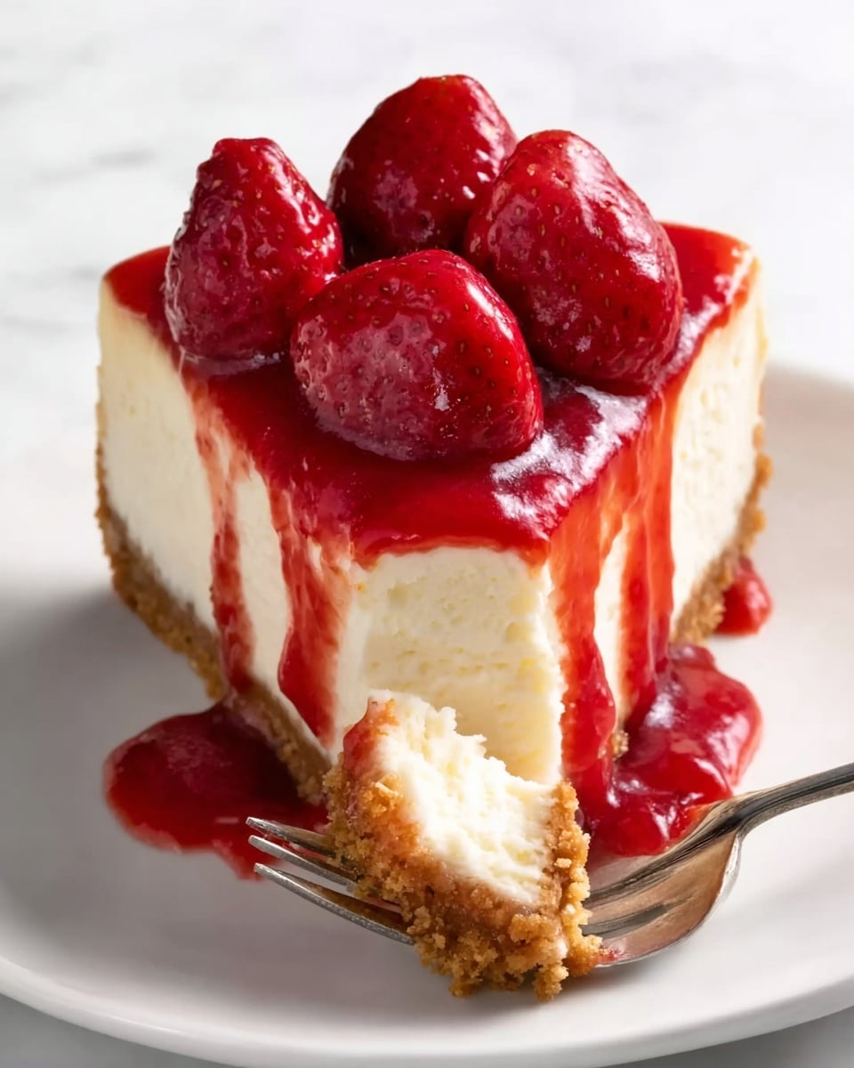 A white plate holds a single slice of cheesecake with three large, bright red strawberries on top. The cheesecake has a thick, creamy off-white layer in the middle with a golden brown crumbly crust at the bottom. The strawberries are covered in a glossy red sauce that drips down the sides of the cheesecake onto the plate. On the white marbled surface near the plate, a silver fork holds a small bite of the creamy cheesecake. Photo taken with an iphone --ar 4:5 --v 7