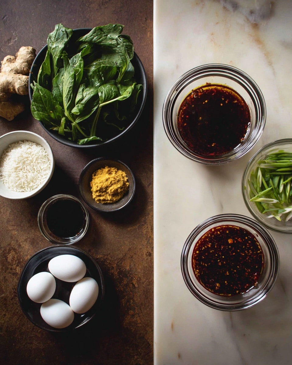 The image shows an arrangement of ingredients on a white marbled surface; on the left, there is a black bowl filled with fresh green leafy vegetables at the top, near a piece of ginger root, with three white eggs in a black bowl positioned on the bottom left, and small piles of minced garlic in a tiny black bowl and yellow ginger paste in a small white bowl nearby. In the center, a glass container is filled with a dark red chili oil with visible chili flakes, and next to it is a glass bowl containing a dark soy sauce. There is also a bowl with white uncooked rice and a small bowl with green sliced scallions behind. On the right of the image, a single glass bowl filled with dark red chili sauce with chili flakes is placed on the white marbled surface. The lighting highlights the different textures and colors vividly. photo taken with an iphone --ar 4:5 --v 7