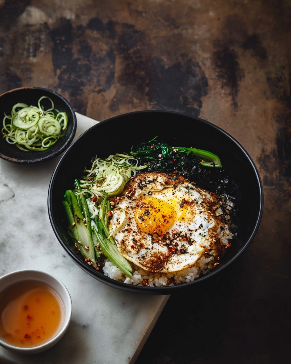 A black bowl holds a layered dish starting with a base of white rice mixed with crispy light brown bits. On top, there is a sunny-side-up fried egg with a bright yellow yolk, sprinkled with black and red seasoning. Around the egg, there are slices of green spring onions and cooked dark green leafy vegetables, all placed on one side of the rice. To the left, a small black bowl contains more sliced green spring onions, and below it, a white bowl with a light orange-red liquid sauce is visible. The whole scene is set on a white marbled surface with a dark, rustic background. photo taken with an iphone --ar 4:5 --v 7