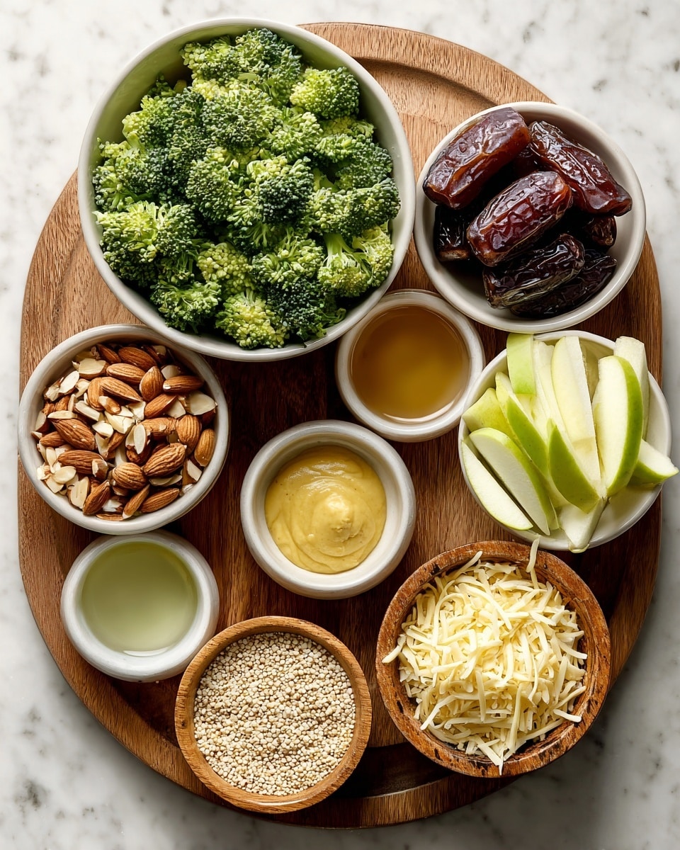 A round wooden tray holds nine different ingredients in white and wooden bowls arranged in a circular pattern on a white marbled surface. At the top left, a large white bowl is filled with bright green broccoli florets with a rough texture. To the right, a small white bowl contains shiny, dark brown dates with wrinkled skin. Below it, a small white bowl holds smooth, creamy yellow mustard. Next to it, a small white bowl is filled with light amber honey that looks sticky and smooth. Below, another small white bowl contains translucent light green vinegar. At the bottom center, a medium wooden bowl is filled with off-white quinoa grains that look small and round. To the left, a white bowl holds chopped almonds with light brown skin and a rough texture. Above it, a white bowl has light green and yellow apple slices, slightly shiny and crisp. Finally, near the center right, another small wooden bowl contains shredded pale yellow cheddar cheese with thin, rough strands. photo taken with an iphone --ar 4:5 --v 7