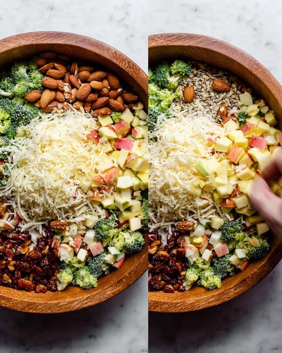A wooden bowl filled with a colorful mix of salad ingredients sits on a white marbled surface. The bowl is divided into distinct sections: at the top left are scattered almonds with some seeds mixed in; to the right of the almonds, small green broccoli florets create a fresh layer; next to the broccoli, diced apple pieces in light yellow and pink shades fill the upper right; below the apples, shredded white cheese spreads across the bottom left section; at the bottom right, caramelized nuts or fruit pieces add a dark brown contrast. The photo is bright with natural lighting, highlighting the textures of each ingredient. woman’s hand is seen gently mixing the right bowl in the second image. photo taken with an iphone --ar 4:5 --v 7