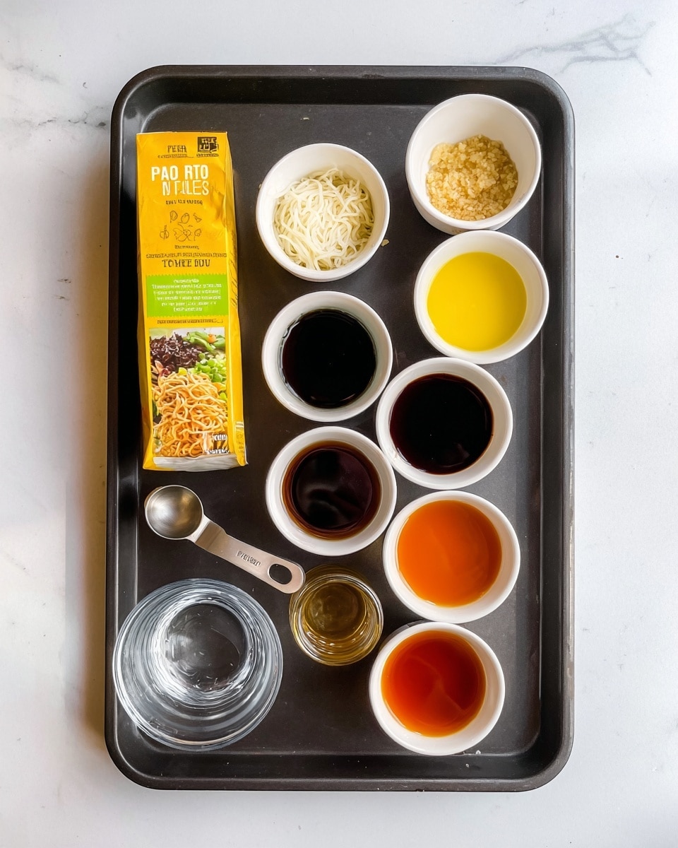 A dark metal tray holds eight small white bowls and one package, all arranged neatly on a white marbled surface. On the left side of the tray is a yellow package of pad thai rice noodles standing upright, showing clear text and colorful food images. Around it are seven white bowls filled with various ingredients: minced garlic in the top center, bright yellow oil to the right of garlic, a light brown thick sauce in a small metal measuring cup below the garlic, dark soy sauce in a glass jar to the right of the measuring cup, three bowls of different liquids in shades of light brown, amber, and reddish-orange are spread across the bottom and right sides of the tray, with a clear glass bowl of water also on the tray’s bottom left. Everything is placed in a clean, organized way on the tray, with a bright and simple background. photo taken with an iphone --ar 4:5 --v 7