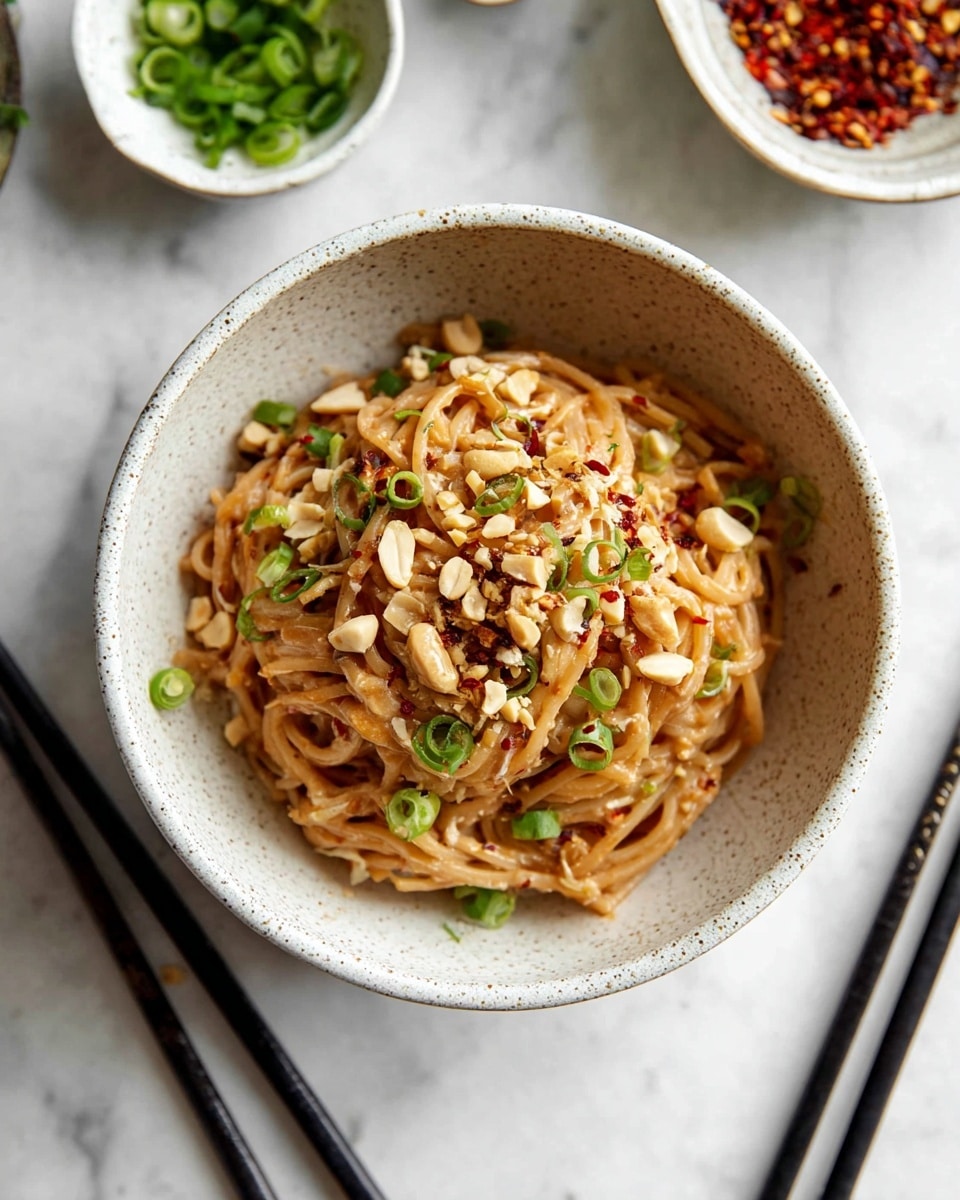 In a white speckled bowl, there is a dish made of light brown noodles mixed with a creamy sauce. On top of the noodles, there are small, light beige peanut pieces and thin green slices of scallions scattered evenly. There are also tiny red chili flakes sprinkled all over the dish, adding spots of red color. The bowl is placed on a white marbled surface, with black chopsticks resting nearby. In the background, there are two small white bowls, one with chopped green scallions and one with red chili flakes. Photo taken with an iphone --ar 4:5 --v 7
