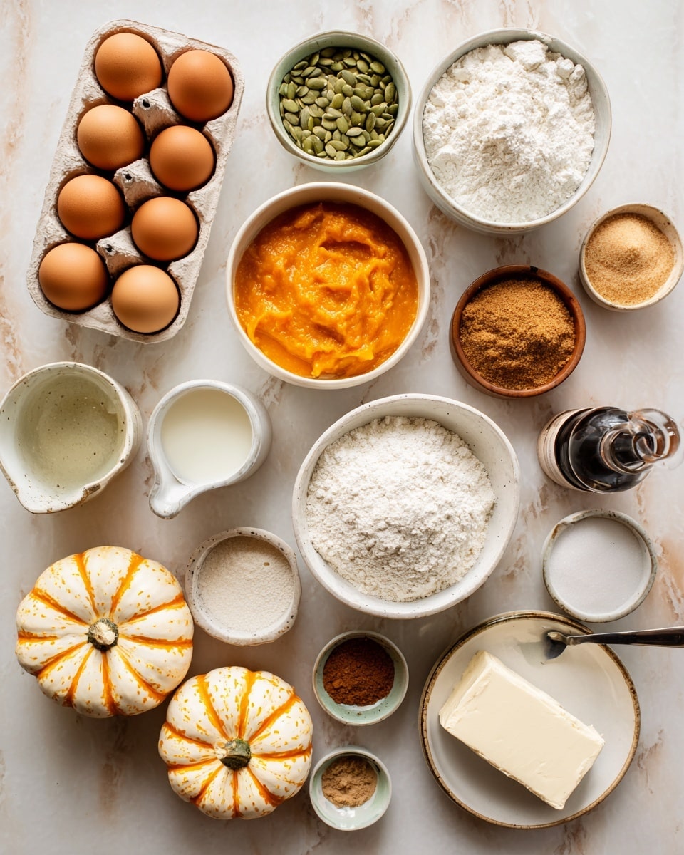 The image shows a variety of ingredients for a pumpkin dessert arranged neatly on a white marbled surface. There are four brown eggs in a beige carton on the left side. Next to them is a round white bowl with bright orange pumpkin puree. Above it is a small round white bowl filled with green pumpkin seeds. To the right, a round white bowl contains brown sugar with a wooden texture. Below it is a small white jug with milk and next to that is a white bowl filled with translucent canola oil. Center-right has a larger white bowl filled with white all-purpose flour and a silver measuring spoon inside. Near the bottom, there is a small round white bowl of vanilla pudding mix beside a block of cream cheese on a white plate. A dark bottle of vanilla extract is nearby. Two small white bowls hold granulated sugar and powdered sugar, with a tiny bowl of baking powder and others containing cinnamon and nutmeg spices. Three small bright orange pumpkins and one small white pumpkin with orange stripes decorate the scene. The photo was taken with an iphone --ar 4:5 --v 7