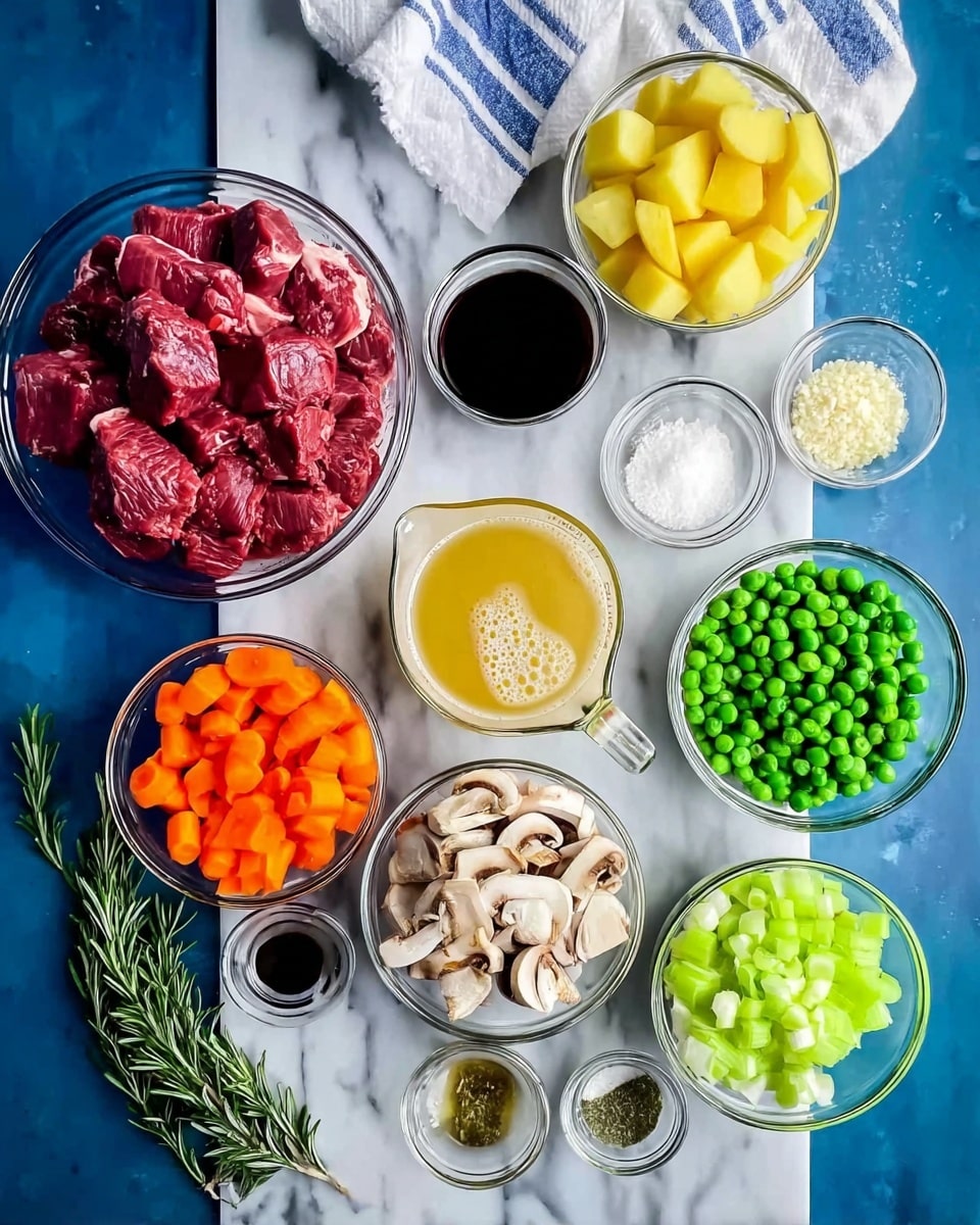 Several clear glass bowls and small containers hold different colorful ingredients arranged on a white marbled surface. At the top center is a large bowl filled with deep red raw meat chunks with some fat, next to it on the right is a medium bowl of peeled yellow potato pieces. Below the potatoes, a measuring cup holds a light yellow broth with some foam on top. To the left of the broth is a small bowl filled with bright orange sliced carrots, and below that, a bowl of fresh green peas. In the center is a medium bowl with beige sliced mushrooms, and next to it on the right is a bowl filled with small white grains, likely flour or salt. At the bottom, three small bowls contain minced garlic, coarse salt, and green herbs respectively, and a small bowl with a dark liquid sits near the right edge. Near the bottom right side is a bowl filled with pale green celery pieces, and next to it, a bowl of finely chopped white onions. A sprig of fresh rosemary lies at the left edge, and a white cloth with blue stripes is crumpled on the right side of the image. photo taken with an iphone --ar 4:5 --v 7
