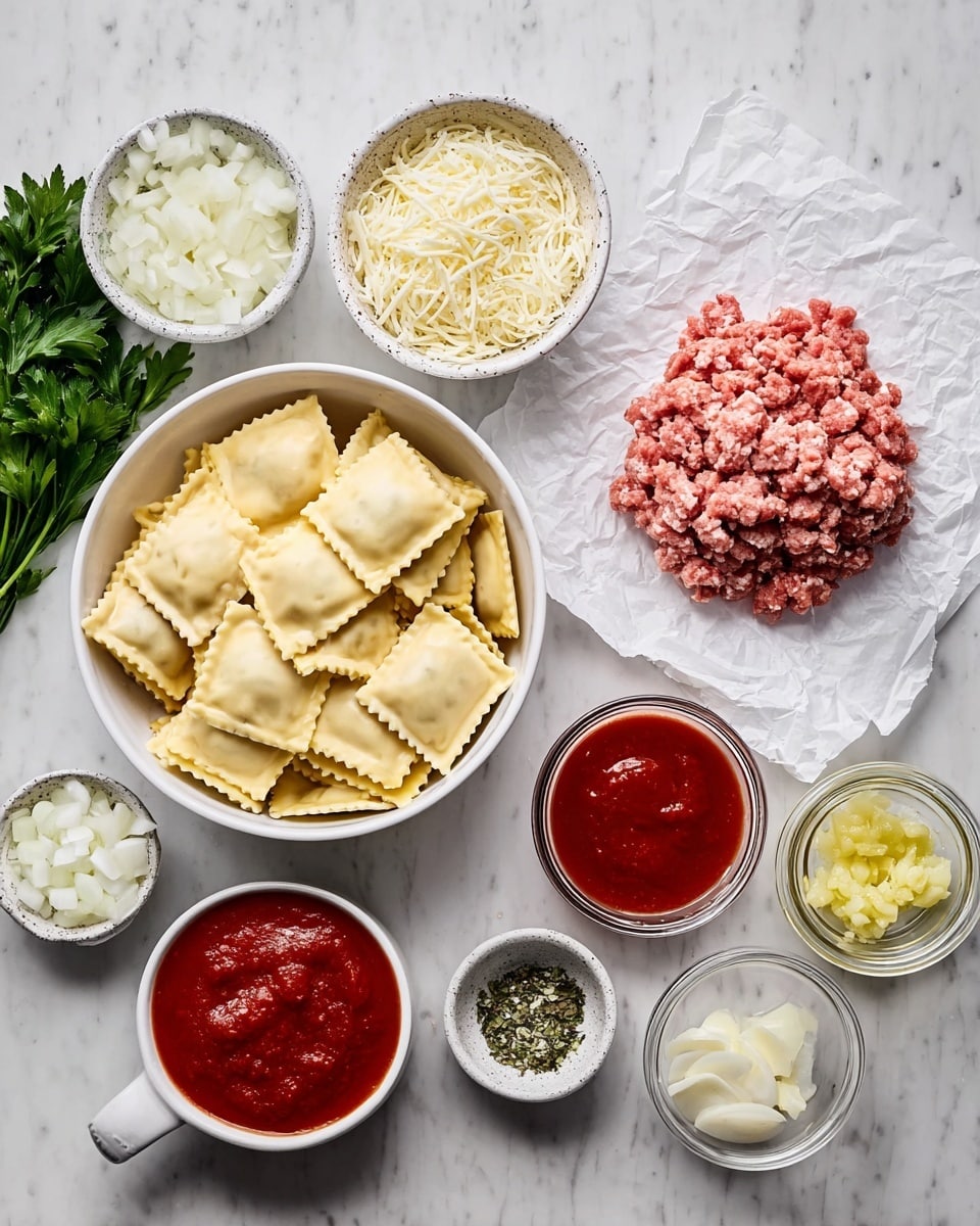 The image shows an overhead view of various ingredients arranged on a white marbled surface. At the center-left, there is a white bowl filled with uncooked square ravioli pasta with crimped edges, pale yellow in color and smooth in texture. To the right of the ravioli, a white piece of parchment paper holds a mound of raw ground meat with a pinkish-red and slightly crumbly texture. Above the meat, a light speckled white bowl contains shredded cheese in off-white color, soft and stringy in appearance. To the right of the cheese, a white cup holds a thick, smooth red tomato sauce. Above this cup, a small white bowl has minced garlic, pale yellow and finely textured, and next to this, another small white bowl has white coarse salt. On the far left, a white bowl contains diced onions, white and translucent with a chunky texture. Below this bowl, a small white dish has green dried herbs. Above the herbs, a clear jar of white cream stands next to a glass jar filled with bright red chunky tomato sauce. A bunch of fresh green parsley rests to the left side, adding color contrast. The whole setup is well lit, clean, and organized, showing ingredients before cooking. Photo taken with an iphone --ar 4:5 --v 7