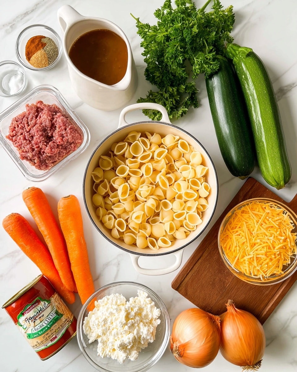 The image shows a white pot filled with uncooked small shell pasta placed in the center on a white marbled surface, surrounded by fresh and packaged ingredients. To the right of the pot, there are two whole green zucchinis and a whole brown onion. Below the pot, there are three whole orange carrots and a small glass container filled with a white cottage cheese-like substance. To the left of the pot, there is a clear glass container with a piece of raw ground beef in its package, a small white pitcher with a white liquid, and fresh green leafy parsley. At the top left, there is a small glass bowl with ground spices and fresh ginger, and above that a glass measuring cup filled with brown broth. At the top right on the white marbled surface, there is a wooden board with a large chunk and shredded yellow cheese in a small clear bowl. A can of tomato sauce with a red label featuring green text is placed right next to the onion and parsley. Photo taken with an iphone --ar 4:5 --v 7