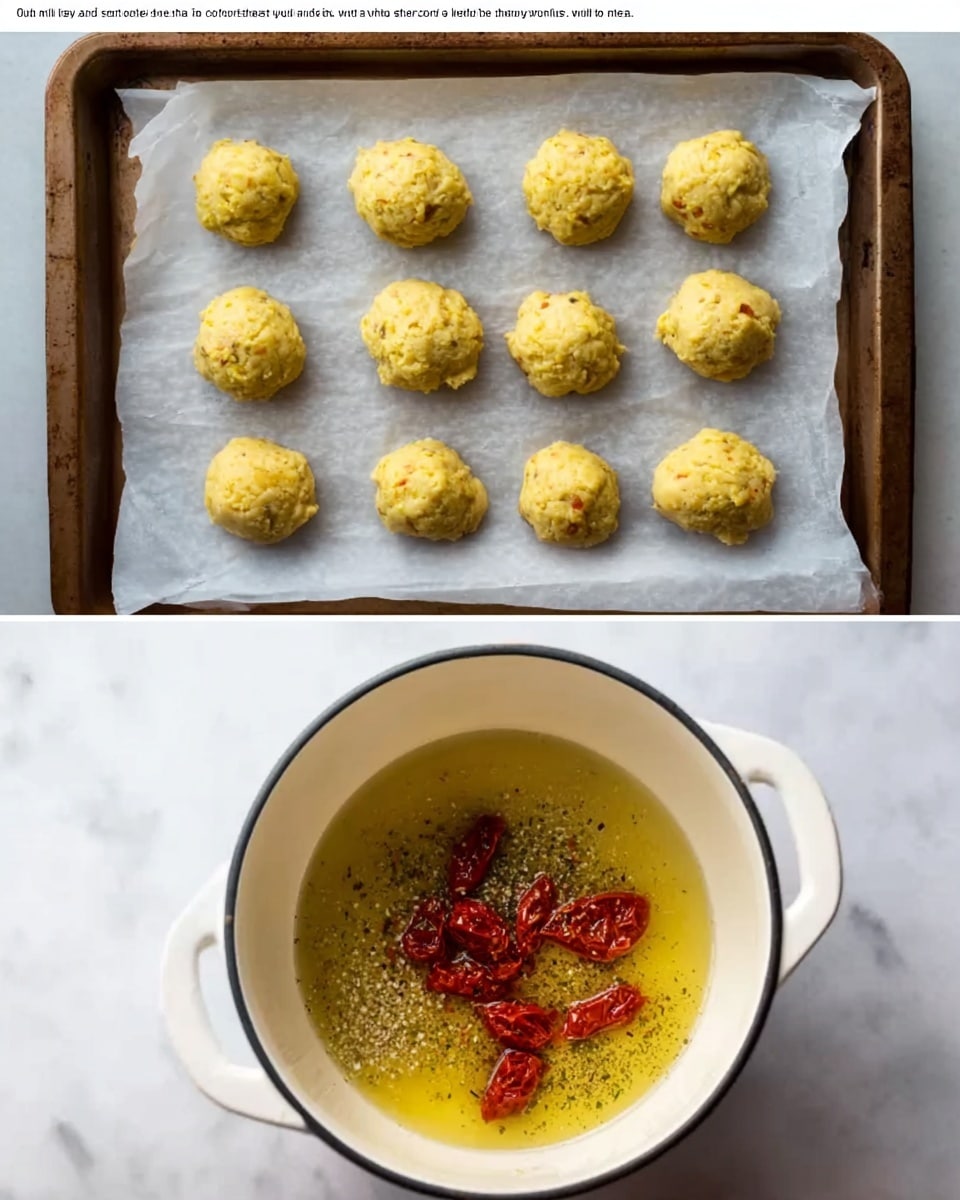 The first image shows a baking tray lined with white parchment paper, holding 13 evenly spaced yellowish dough balls with a rough texture, ready to be baked. The second set of images displays a white enamel pot on a white marbled surface. In the left image, the pot has melted butter filling the bottom, topped with minced garlic, Italian seasoning, and red pepper flakes, all unmixed. In the right image, the same pot and ingredients are shown, but now sun-dried tomatoes have been added on top of the melted butter and spices, creating a bright contrast with the yellow butter and greenish seasoning. Photo taken with an iphone --ar 4:5 --v 7