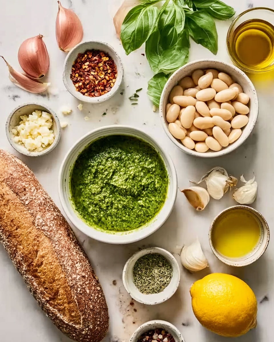 The image shows various ingredients neatly placed on a white marbled surface. At the center is a white bowl filled with bright green pesto sauce, with a smooth and slightly chunky texture. Surrounding it are small white bowls containing spices: one with red chili flakes and another with dried green herbs. There is a bowl filled with creamy white beans with a smooth texture on the right side, and another white bowl with a light crumbly cheese on the left. Around these bowls are fresh shallot bulbs with a pinkish outer skin, three garlic cloves with a pale beige color resting next to fresh green basil leaves. A fresh yellow lemon sits near a cup of golden olive oil and a glass of light beige liquid. To the left side, a loaf of brown bread with a rough crust is shown vertically. A woman's hand is not visible in this image. The overall look is fresh and colorful, with a clean white marbled background. photo taken with an iphone --ar 4:5 --v 7