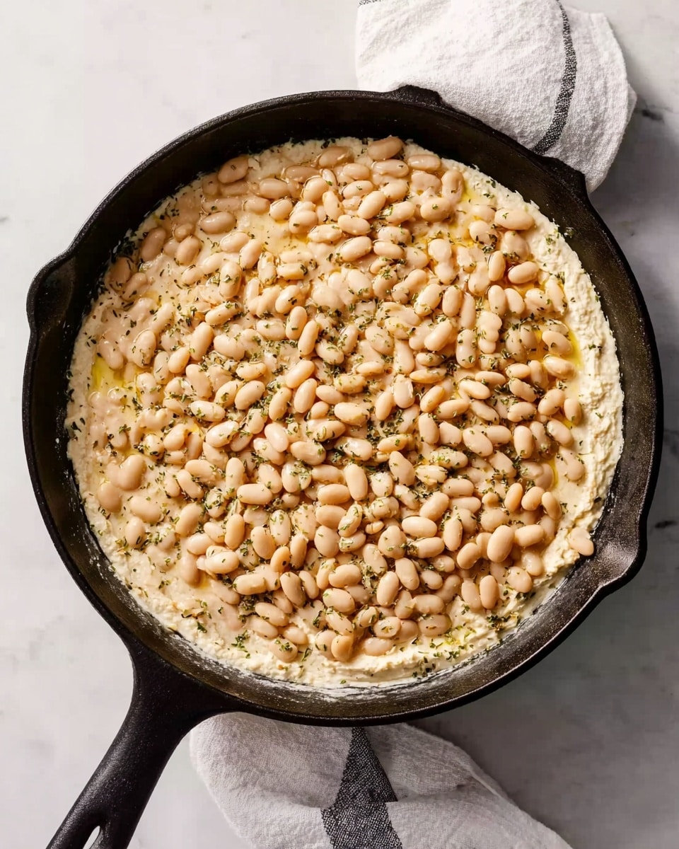 A black skillet filled with a layered dish starting with a light, creamy base layer spread evenly across the skillet. On top, there is a layer of small white beans covering most of the surface, with some herbs sprinkled throughout the beans. The dish shows a soft texture with a mix of smooth cream and tender beans. The skillet sits on a white marbled surface, and a white and grey cloth is partially visible in the background. Photo taken with an iphone --ar 4:5 --v 7