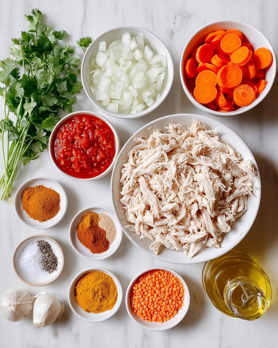 The image shows multiple white bowls arranged on a white marbled surface, each holding a different ingredient. In the center is a large white bowl filled with shredded light beige chicken. To its right, a white bowl holds small, round orange lentils, and above it another white bowl contains round bright orange carrot slices. Above the chicken bowl and slightly to the right is a white bowl with chopped white onions. To the left of the chicken is a small white bowl filled with red tomato paste, and above it is a smaller white bowl with four different ground spices in reddish, yellow, and brown shades. To the bottom left is a white bowl with half salt and half black pepper, next to which lies a bunch of fresh green cilantro and three white garlic cloves. At the bottom right corner sits a small glass bottle of golden yellow oil. photo taken with an iphone --ar 4:5 --v 7
