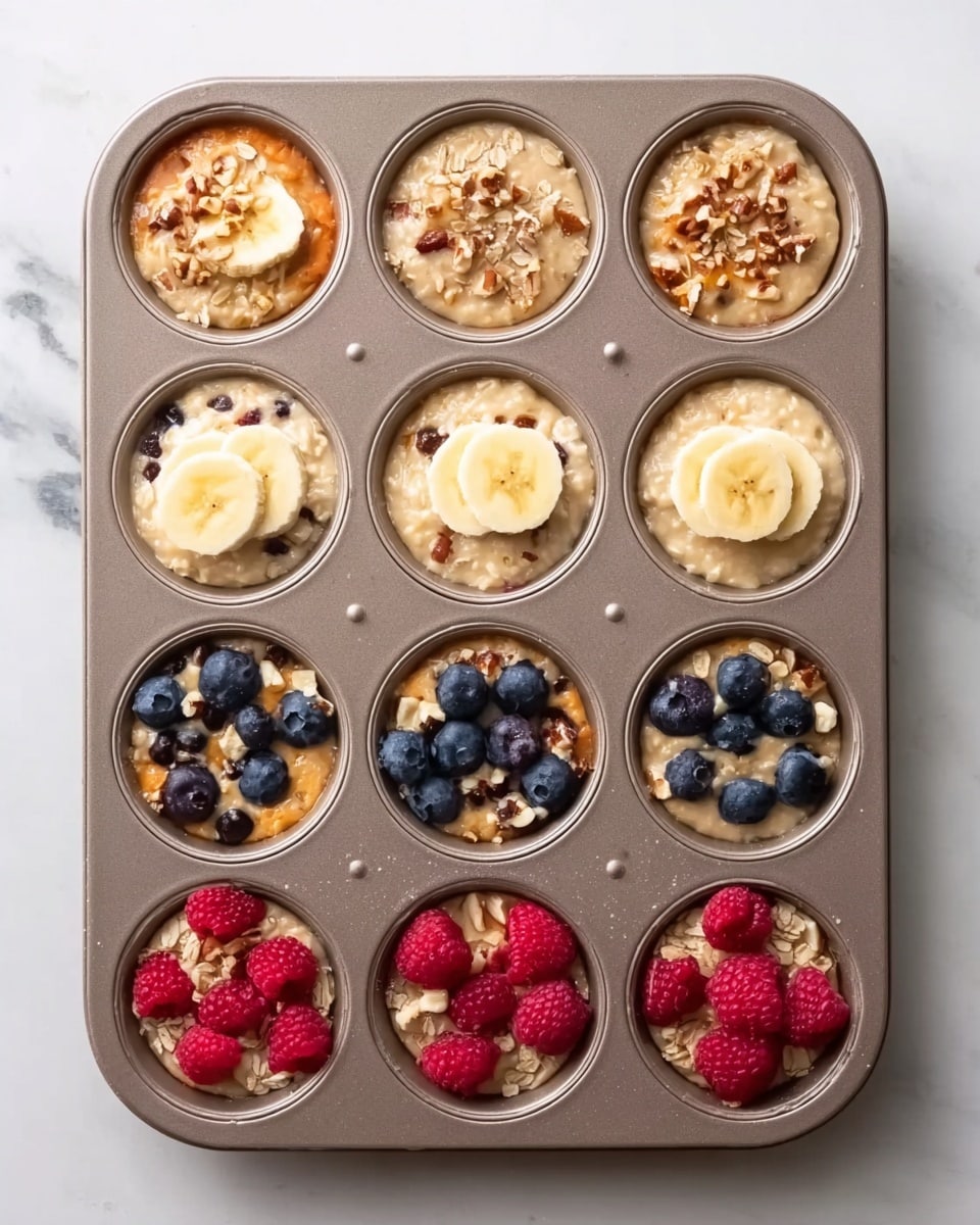 A muffin tray with twelve round sections, each section filled with batter and topped with different fruits and nuts. The top row has a light-colored batter topped with slices of banana and sprinkled with oats. The middle row features a creamy batter adorned with blueberries and chopped nuts. The bottom row shows a darker batter with fresh raspberries and small pieces of nuts. The tray is on a white marbled surface. Photo taken with an iphone --ar 4:5 --v 7