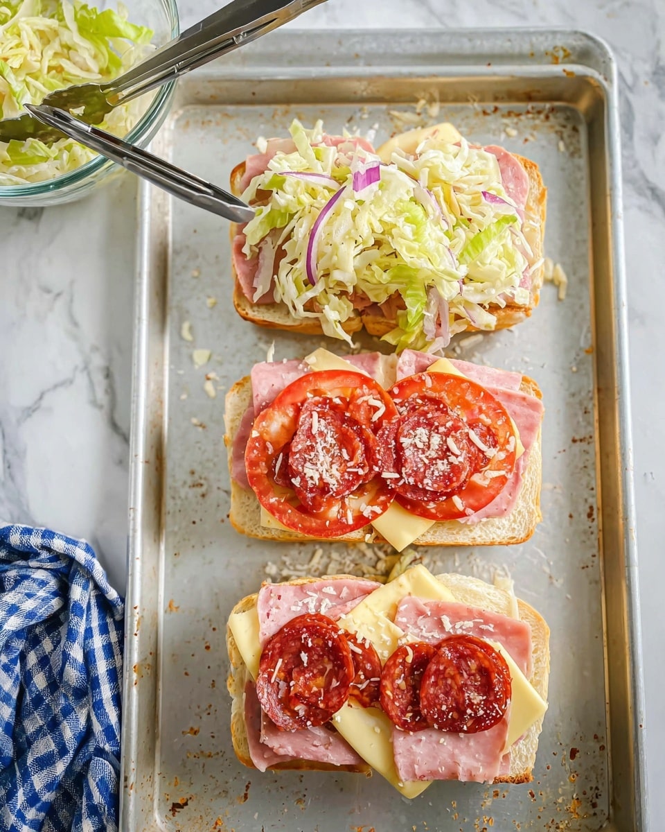The image shows three open sandwiches on a metal baking tray with a light speckled surface. Each sandwich is made of a soft square bread roll split in half. The bottom layer has a slice of light yellow cheese, topped with folded slices of pink deli meat and round slices of reddish-brown pepperoni sprinkled with grated cheese. The middle sandwich has a layer of tomato slices beneath the deli meat, and the top sandwich is covered with a mix of shredded light green and white lettuce and thin strips of purple onion. In the top left corner, a transparent bowl contains more of the shredded lettuce mix with tongs inside. The tray is placed on a white marbled surface with a blue and white checkered cloth partially visible on the bottom left side. Photo taken with an iphone --ar 4:5 --v 7