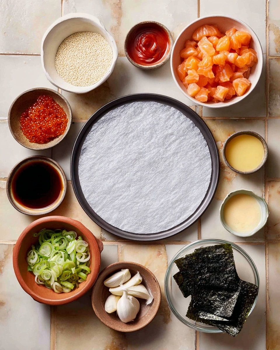 A flat dark round tray holds a circle of translucent white rice paper in the center. Surrounding it on a white marbled surface are multiple small bowls and dishes filled with ingredients: at the top right, a white bowl with bright orange raw fish chunks; near it, a small beige bowl with smooth white mayo; a tiny red bowl with bright red sauce; a small dark bowl filled with white sesame seeds lies to the left. Below the sesame is a small white bowl with a dark brown liquid, and a wooden bowl below it with light green sliced spring onions. To the bottom right, a clear cup holds square patches of dark green seaweed sheets, next to a small black dish with two large white garlic cloves. Nearby sits a small terracotta bowl with white powder, and small white bowl with a light yellow liquid; a tiny white bowl containing a light beige sauce is below the red sauce. The items form a neat circle around the rice paper, all set on a tan tiled surface changed to white marbled texture. photo taken with an iphone --ar 4:5 --v 7