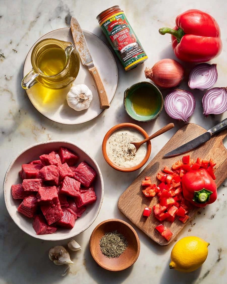 The image shows several fresh ingredients arranged on a white marbled surface. In the center, a white bowl holds bright red cubes of raw beef. Next to the bowl is a small terracotta dish filled with a creamy white sauce and a wooden spoon resting in it. Above the bowl is a white plate with a glass jug of golden olive oil, garlic cloves, a small green bowl with dark sauce, and a tomato paste tube with red tomatoes on the label. To the right, a wooden cutting board holds a whole red bell pepper, a halved red bell pepper with seeds, and several chopped pieces with a knife lying across the board. Two whole red onions, one cut in half, sit above the board. Below the board, a small clay pot contains dried herbs with a wooden spoon. On the far right, a wooden plate holds a yellow lemon and a small brown onion. Photo taken with an iphone --ar 4:5 --v 7