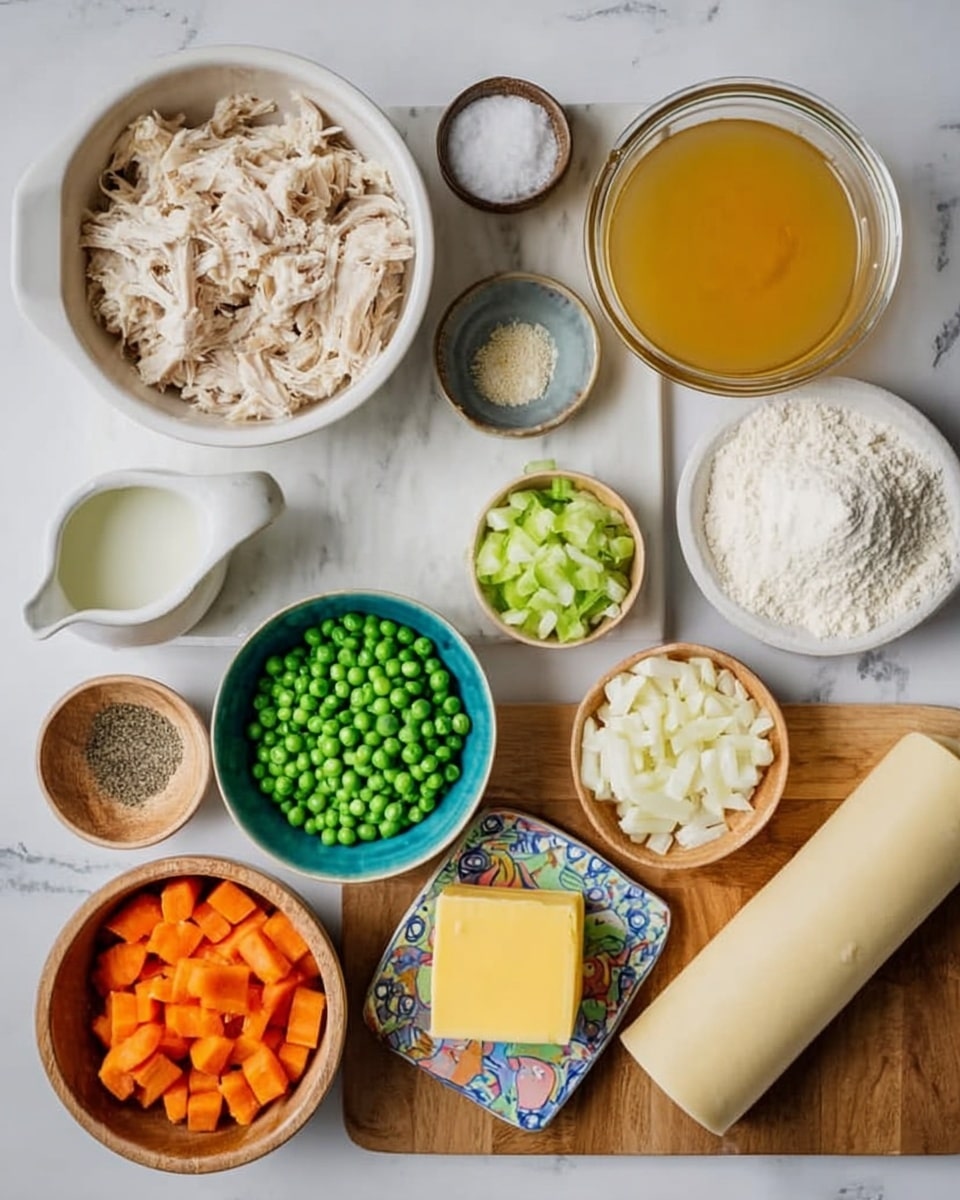 The image shows a top view of many bowls and plates with fresh ingredients on a white marbled surface. Starting from the top center, there is a white bowl filled with shredded cooked chicken, next to it on the right is a small glass jar with golden broth. Below that jar is a small gray bowl with a bit of salt. To the bottom right is a white parchment paper with a rolled sheet of pale yellow dough. On the bottom center wooden board, there is a small white bowl with black pepper, next to it a white bowl full of green peas, and above that a colorful small plate with a square of yellow butter. Above the butter is a yellow bowl of white flour, and to the right of the flour, a brown bowl filled with chopped orange carrots. To the left of the flour, a small turquoise bowl holding green diced celery. On the bottom left side is a small brown bowl with chopped white onions, and above it is a small white jug with cream or milk. The wooden cutting boards and bowls all stand out against the clean white marbled surface photo taken with an iphone --ar 4:5 --v 7