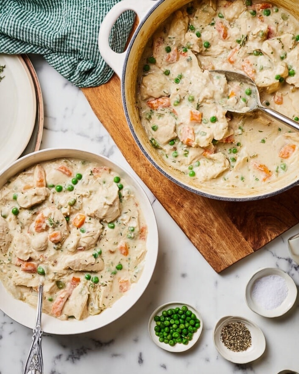 The image shows a creamy chicken and vegetable mixture with visible layers of small green peas, orange carrot pieces, and chunks of white chicken in a thick, light-colored sauce. The dish is placed both in a white round casserole dish near the bottom left and a white round pot with a handle on a wooden cutting board at the top right. A silver spoon is scooping the mixture from the casserole dish. Around the main dishes, there are small white bowls containing a few green peas, black pepper, and salt on a white marbled surface. A green and white checkered cloth is partly visible in the top left corner. Photo taken with an iphone --ar 4:5 --v 7