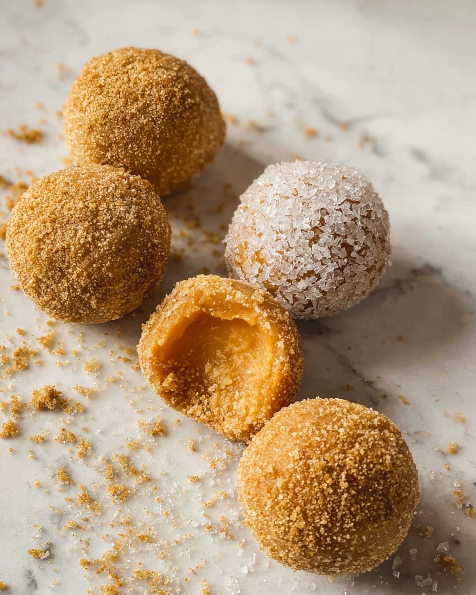 The image shows five round balls of sweet treats on a white marbled surface. Three balls are coated with fine brown crumbs giving a rough texture, while two balls are covered in large white sugar crystals, making them look sparkly. One crumb-coated ball is open at the top, revealing a soft, smooth, light orange inside with a creamy texture. The balls are unevenly placed with some crumbs scattered around. photo taken with an iphone --ar 4:5 --v 7