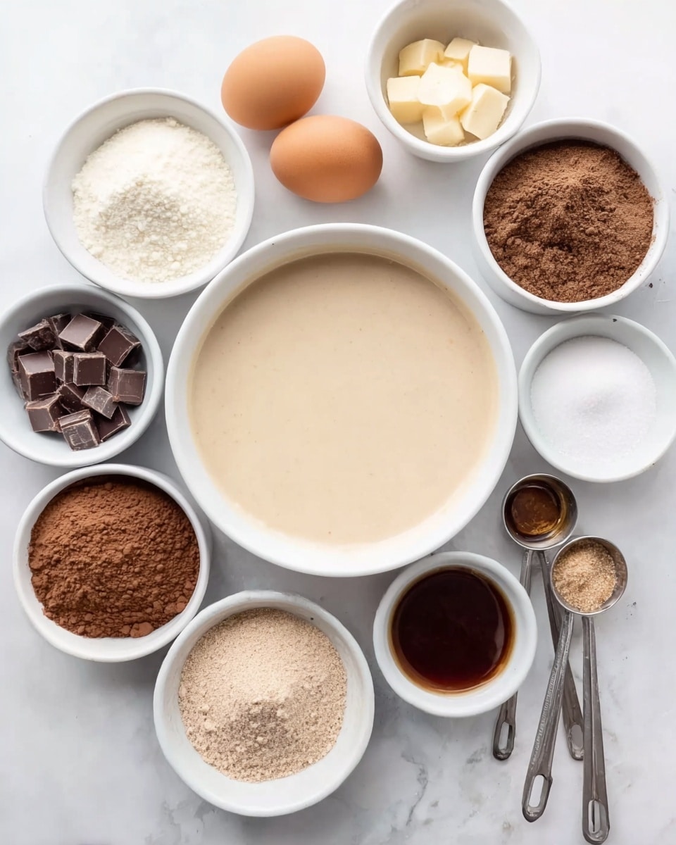 A top-down view shows nine white bowls arranged on a white marbled surface. At the center is a bowl filled with smooth, light beige batter. Surrounding it are eight smaller bowls: two brown eggs in one, white granulated sugar in another, chopped milk chocolate pieces, dark brown vanilla extract, light brown granulated sugar, a fine off-white powder, rich brown cocoa powder, and white salt with baking soda next to it. Several metal measuring spoons sit near the eggs. The image focuses clearly on the bowls and their contents, with soft, natural light. Photo taken with an iphone --ar 4:5 --v 7