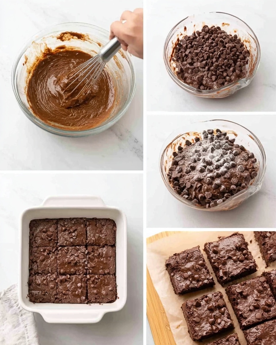The image shows five stages of making brownies. The first stage has a clear glass bowl with brown batter being mixed by a woman's hand holding a whisk, sitting on a white marbled surface. The second stage is another clear glass bowl with thick, darker brown batter mixed with chocolate chips, also on the white marbled surface. The third is a white square baking dish filled with raw brownie batter topped with a sprinkle of chips. The fourth shows the same white baking dish with the baked brownies, slightly risen and covered with melted chocolate chips on top. The last image displays the baked brownies cut into square pieces on parchment paper placed on a wooden board. Photo taken with an iphone --ar 4:5 --v 7