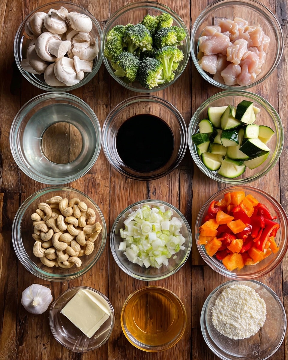 The image shows eleven small clear glass bowls arranged on a wooden surface. Starting from the top left, the first bowl holds sliced white mushrooms and green broccoli florets. To its right is a bowl filled with a dark soy sauce. Below the soy sauce is a bowl of light pink raw chicken pieces. Below the mushrooms and broccoli, another bowl contains sliced zucchini pieces, chopped red bell pepper, and orange carrot slices. In the center is a smaller bowl with diced white onions. Below the onions is a bowl of whole cashew nuts. Next to the cashews is a bowl with light brown honey. At the bottom left, a bowl contains clear water. Next to it is a bowl with a small piece of white butter and a bit of oil. To the right of this is a bowl with white powder, likely cornstarch. Finally, in the bottom right corner is a bowl with finely grated ginger and garlic on a white marbled surface background. photo taken with an iphone --ar 4:5 --v 7