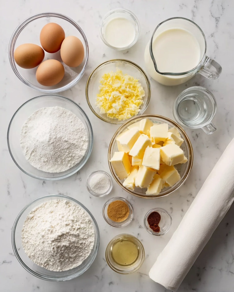 The image shows a white marbled surface with various clear glass bowls and measuring cups arranged neatly. There are three whole eggs in one bowl, a bowl with white granulated sugar, a bowl of small yellow cubes of butter in the center, and a bowl with white powder next to it. Also, there are two measuring cups, one filled with milk and another with cream nearby. Small bowls hold light yellow lemon zest, light brown vanilla, a clear liquid, and a small amount of brown spice. To the right, there is a white rolled-up sheet, possibly pastry. The lighting is bright and even with soft shadows. photo taken with an iphone --ar 4:5 --v 7
