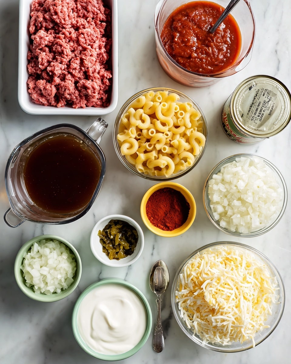 A white tray with raw pink ground beef sits at the top left, next to an open tin of red tomato sauce on a white marbled surface. Below them, a transparent measuring cup filled with dark brown beef broth is placed beside another transparent measuring cup holding yellow elbow macaroni. A small yellow bowl contains reddish-brown chili powder near the center, with a small mint green bowl of red smoked paprika to the right. A can of green chilies with a spoon is open on the left side next to a small mint green bowl with finely minced garlic. At the bottom, a transparent measuring cup with white heavy cream is to the left of a white bowl filled with chopped white onions. On the right, another transparent measuring cup is filled with shredded pale yellow and white Mexican cheese. All items are arranged neatly on the white marbled surface. photo taken with an iphone --ar 4:5 --v 7