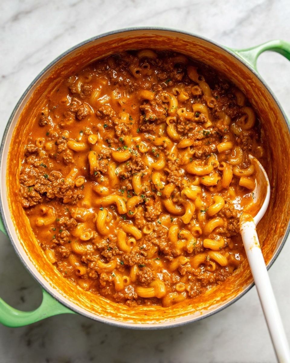 A green pot filled with a single thick layer of macaroni pasta mixed with finely crumbled cooked meat in a rich, creamy, orange-red tomato sauce, showing small bits of herbs sprinkled on top, with the sauce coating the sides of the pot. A white spoon is placed inside the pot, resting on the sauce, with part of the spoon submerged under the mix. The pot is on a surface with a white marbled texture. photo taken with an iphone --ar 4:5 --v 7