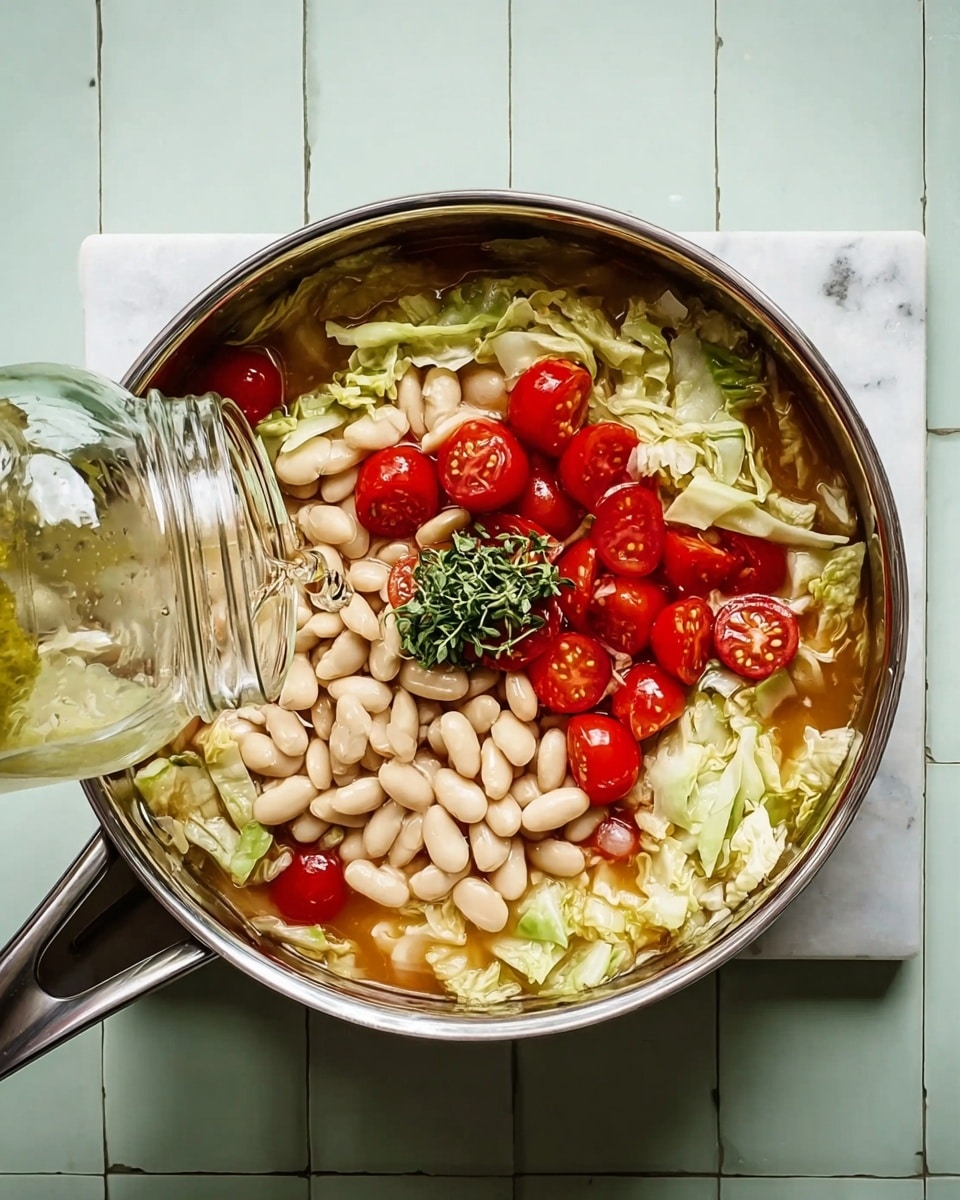 The image shows a round stainless steel pot filled with a mixture of chopped light green cabbage, bright red cherry tomatoes, and a pile of white beans placed on top in the center. The liquid broth inside the pot is a light brown color, visible around the edges between the vegetables. A small bunch of fresh green herbs rests in the middle of the beans, adding a touch of brightness. A clear glass jar is being tilted above the pot, suggesting that something is being poured in. The pot is placed on a white marbled surface with light green tiles in the background. The overall scene is clean and colorful, showing fresh ingredients ready for cooking. photo taken with an iphone --ar 4:5 --v 7