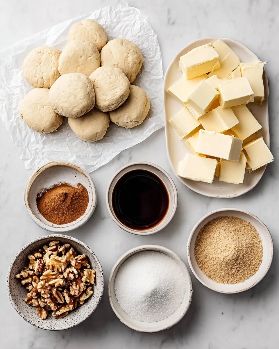 The image shows several baking ingredients arranged neatly on a white marbled surface. On the left side, there is a pile of round dough pieces stacked on white parchment paper, light beige in color with a soft texture. To the right, there is a small white bowl filled with ground cinnamon, dark brown and powdery, and below it a white bowl containing dark brown liquid, likely vanilla extract. Next to it, a speckled dark bowl holds roughly chopped walnuts in light brown with crunchy texture. Above this, a white bowl is filled with white granulated sugar, smooth and fine. To the far right, a white plate showcases many square blocks of pale yellow butter with a creamy texture, and below that, a white bowl contains light brown packed brown sugar with a crumbly texture. Photo taken with an iphone --ar 4:5 --v 7