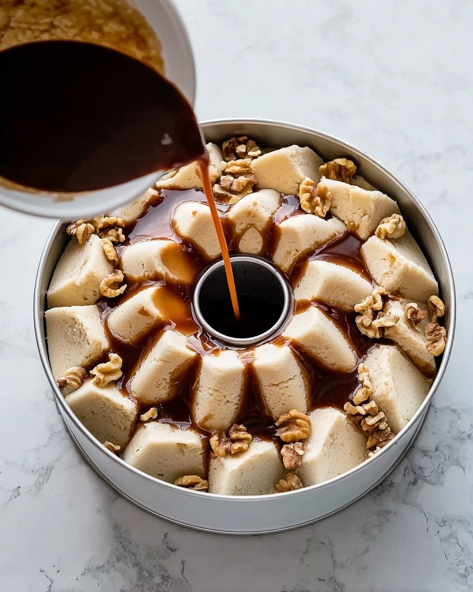 The image shows a white Bundt pan filled with light beige dough pieces arranged around the center hole, some of which are unevenly spread with a few walnut halves mixed in. A dark brown sauce is being poured over the dough, creating a glossy layer that flows across the dough pieces. The pan is placed on a white marbled surface, enhancing the contrast of the dough and sauce. Photo taken with an iphone --ar 4:5 --v 7