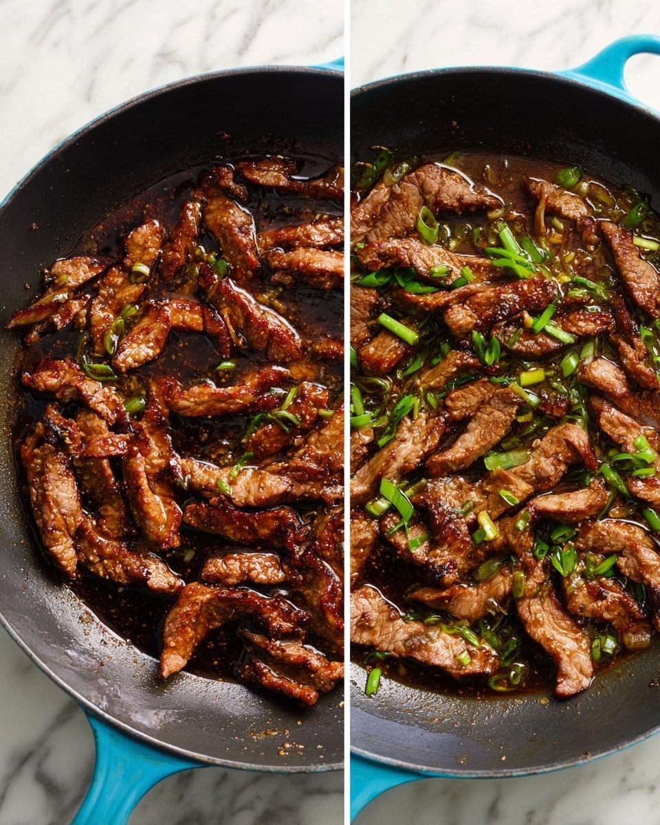 The image shows a blue pan on a white marbled surface, filled with cooked strips of brown meat with a slightly crispy texture. The meat is scattered with small pieces of green onions that add a fresh green color. The pan has a dark, shiny layer of sauce coating the meat, giving it a glossy look that makes it appear flavorful and moist. The texture of the meat looks tender with some caramelized edges, and the sauce has a rich brown color, pooling but not overflowing in the pan. Photo taken with an iphone --ar 4:5 --v 7