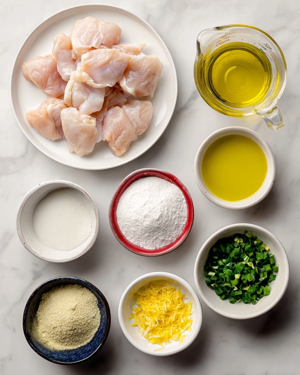 The image shows raw chicken pieces placed on a white plate at the top left. To the right, there are two small white bowls filled with yellow olive oil. Below, a clear measuring cup contains pale yellow lemon juice. In the center, two small white bowls hold white cornstarch and white sugar, while a red bowl contains cornstarch as well. Near the right edge, a white bowl with chopped green scallions is visible. To the bottom left, a small navy bowl contains beige garlic powder, and under the middle, another white bowl holds bright yellow lemon zest. All items are on a white marbled background, arranged neatly. photo taken with an iphone --ar 4:5 --v 7