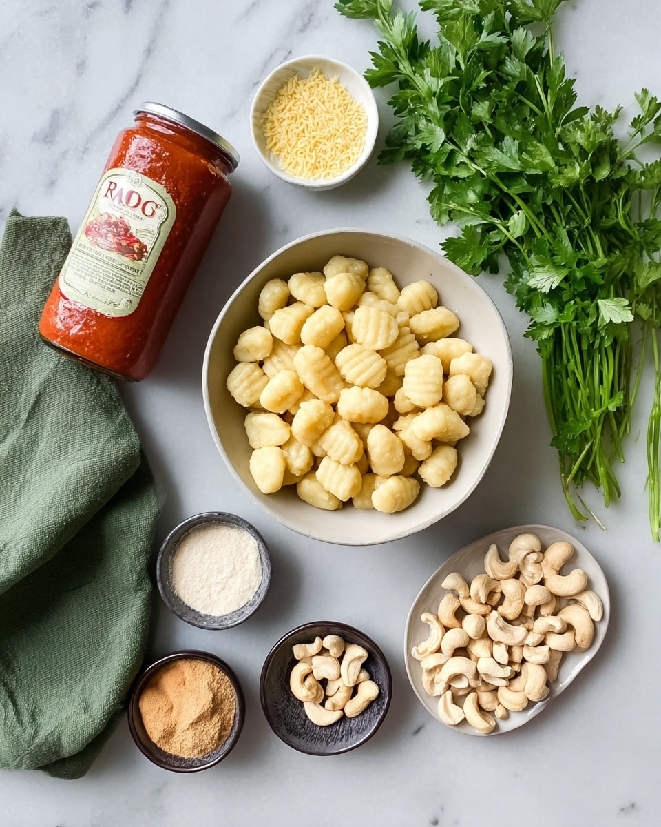 A white bowl filled with pale yellow gnocchi sits near the center on a white marbled surface. To the upper left, a jar of red marinara sauce with a white label leans with a green cloth nearby. Fresh green parsley sprigs lie to the upper right, next to a small white bowl of yellow nutritional yeast. Below, a small white plate holds light brown and white powders side by side. Below that, three small dark bowls show minced garlic, a beige creamy paste, and open glass jar filled with whole cashews arranged in a cluster near the bottom right. The scene is bright and clean. photo taken with an iphone --ar 4:5 --v 7