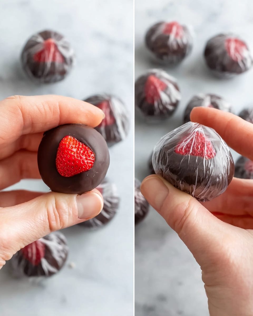 A woman's hand holds a small round dark chocolate ball with a bright red strawberry piece pressed into its top, showing a contrast between the smooth, dark surface and the textured, juicy strawberry. In the background, multiple similar chocolate balls wrapped in clear plastic are scattered on a white marbled surface. The second image in the set shows the woman's hand holding the chocolate ball from the other side, where the strawberry is mostly covered, leaving only a small red triangle visible through the chocolate. The scene is bright and clean, highlighting the glossy texture of the chocolate and the natural shine of the strawberry. Photo taken with an iphone --ar 4:5 --v 7