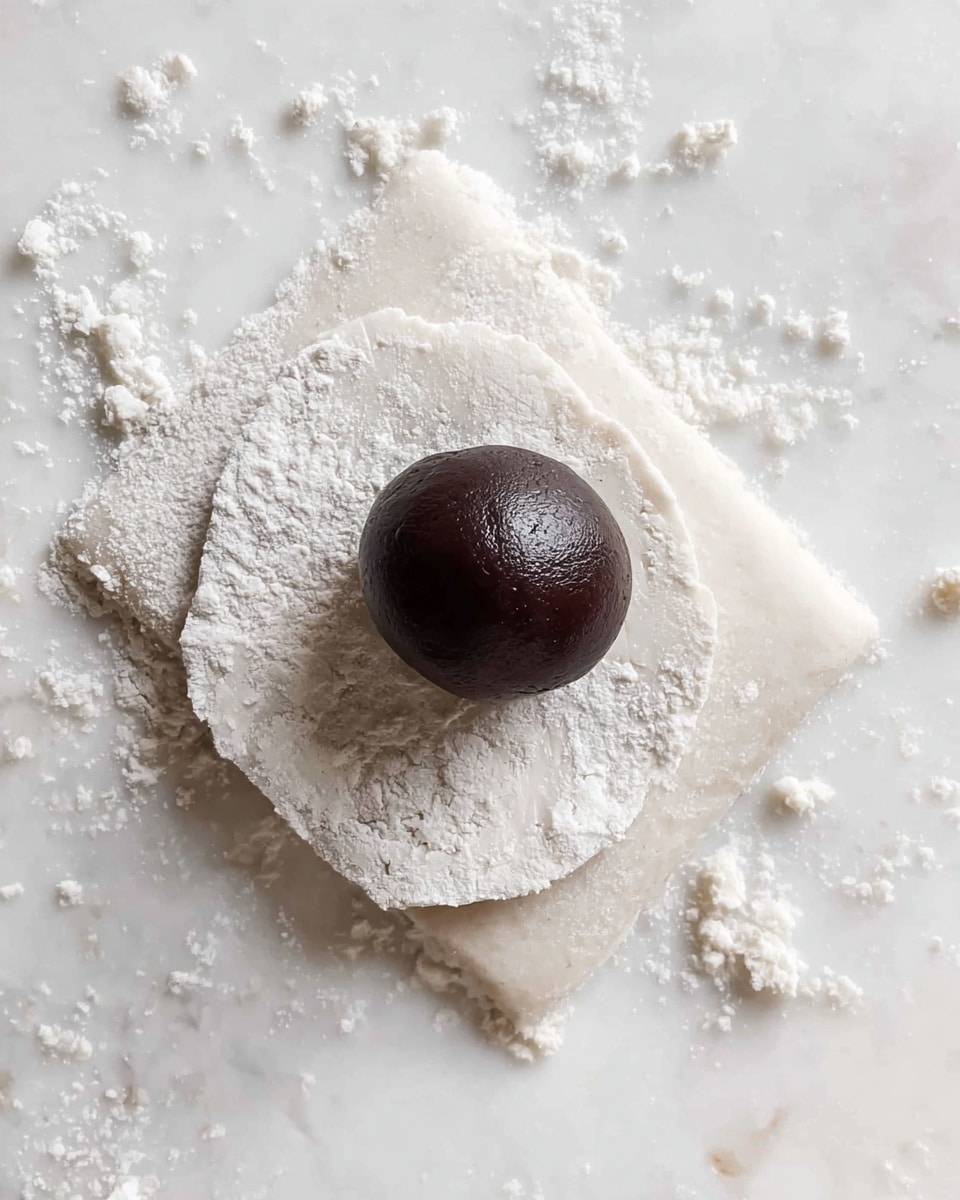The image shows a single small dark brown ball placed on top of a piece of flat white dough that has an irregular shape. The dough and ball rest on a white marbled surface sprinkled with white powder, which looks like flour or starch. The dough has a smooth but lightly textured surface, and the ball looks dense and smooth with a slight shiny finish. There are small bits of dough and powder scattered around on the marbled background, creating a simple and clean scene. photo taken with an iphone --ar 4:5 --v 7