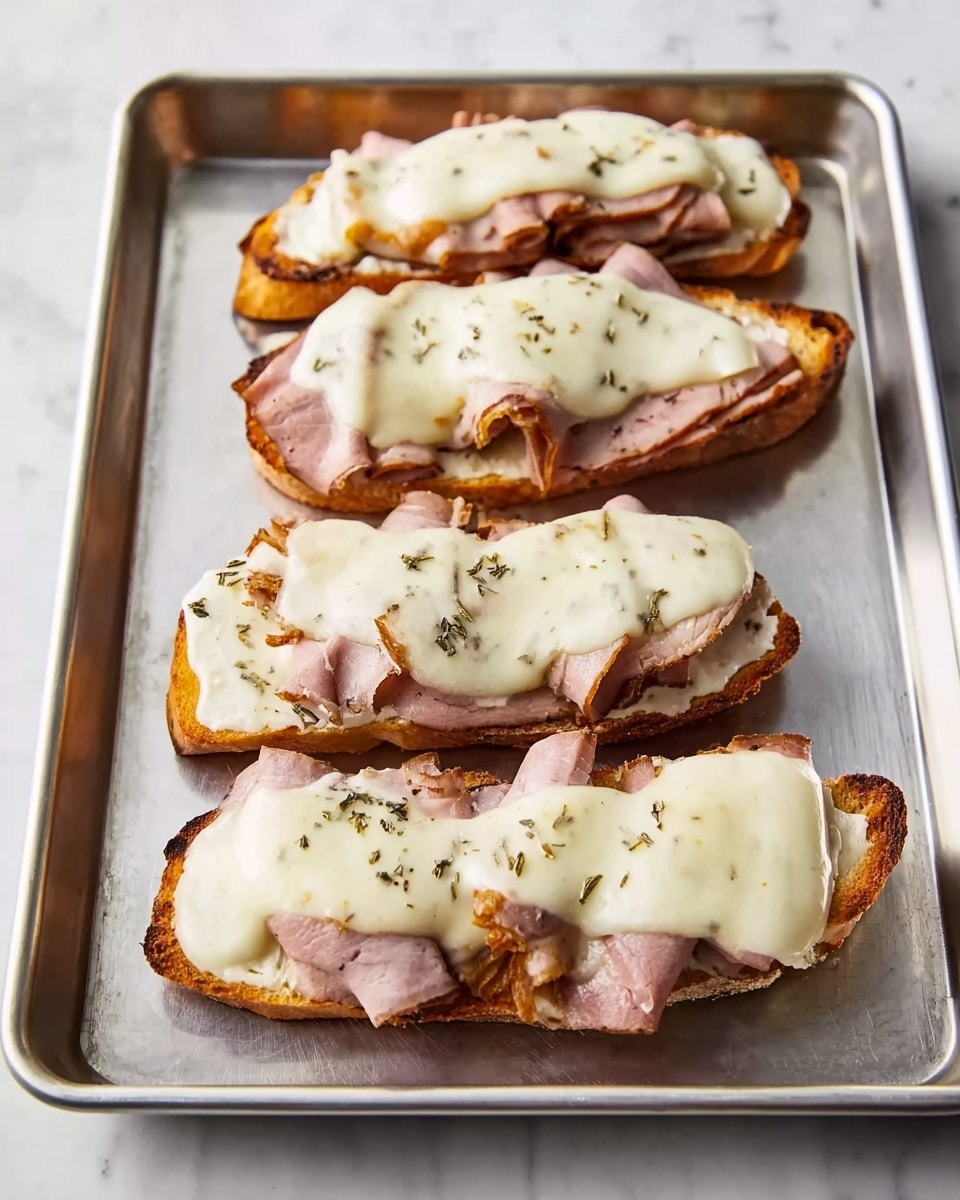 Four pieces of long toasted bread are placed in a row on a silver baking tray. Each piece is topped with thin slices of brown roast meat stacked evenly across the bread. On top of the meat, there are slightly melted white slices of cheese that cover most of the surface, showing some soft texture and slight bubbling. The tray rests on a white marbled surface. photo taken with an iphone --ar 4:5 --v 7