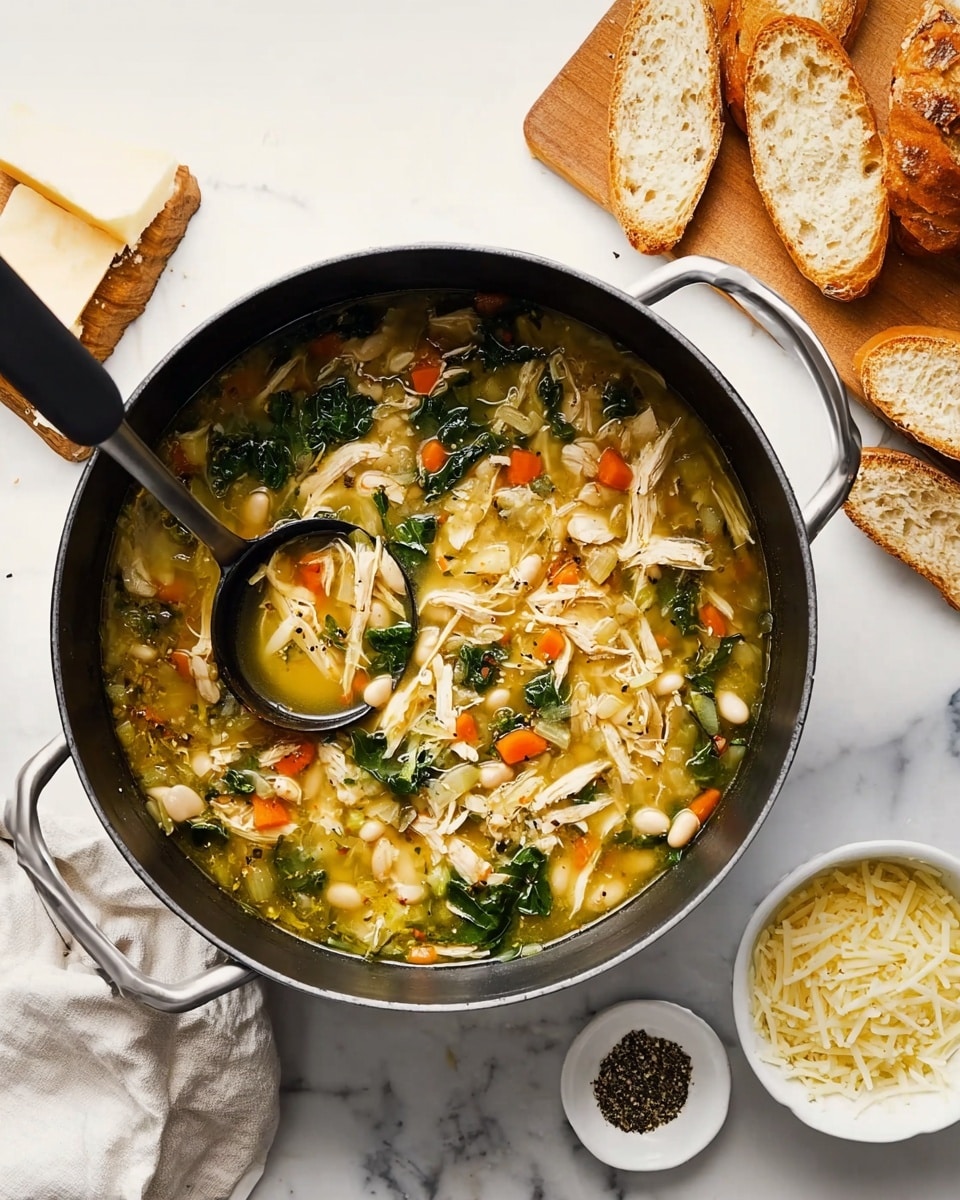 A big black pot filled with soup showing many ingredients: shredded chicken pieces in pale color, small orange carrot bits, dark green leafy vegetables, and white beans, all floating in a clear yellowish broth. A black ladle with a long handle rests inside the pot, partially covered by the soup. Around the pot, there is a white marbled surface with a white cloth napkin on the left, a white bowl with grated cheese on the right, fries of black pepper in a small white dish below the pot, and two slices of bread on a wooden cutting board in the top right corner. Photo taken with an iphone --ar 4:5 --v 7