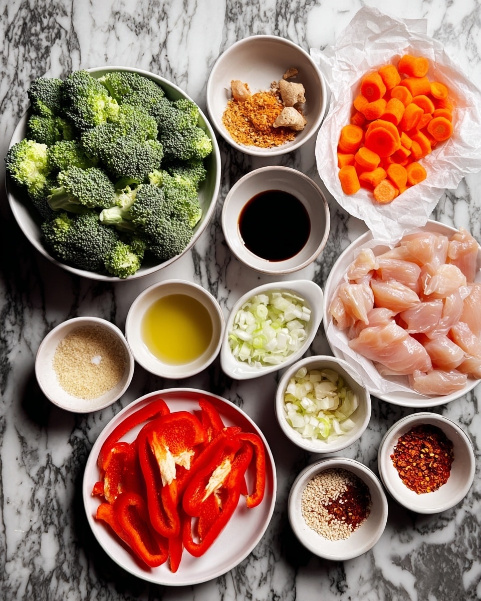A group of small white bowls and one white plate are on a white marbled surface, each holding different fresh ingredients. The white plate near the center bottom holds bright red sliced bell peppers. To its right, a white bowl contains bright orange carrot slices. Above the carrots, a white bowl is filled with fresh green broccoli florets. Next to the broccoli, a white plate is covered with white parchment paper holding raw pale pink chicken strips. Around these, small white bowls hold minced garlic, a light yellow liquid, sesame seeds, brown sugar, white powder, thin sliced white onions, another light yellow liquid, minced ginger, and chili flakes. The bowls and plate are set in a loose circle across the surface. Photo taken with an iphone --ar 4:5 --v 7
