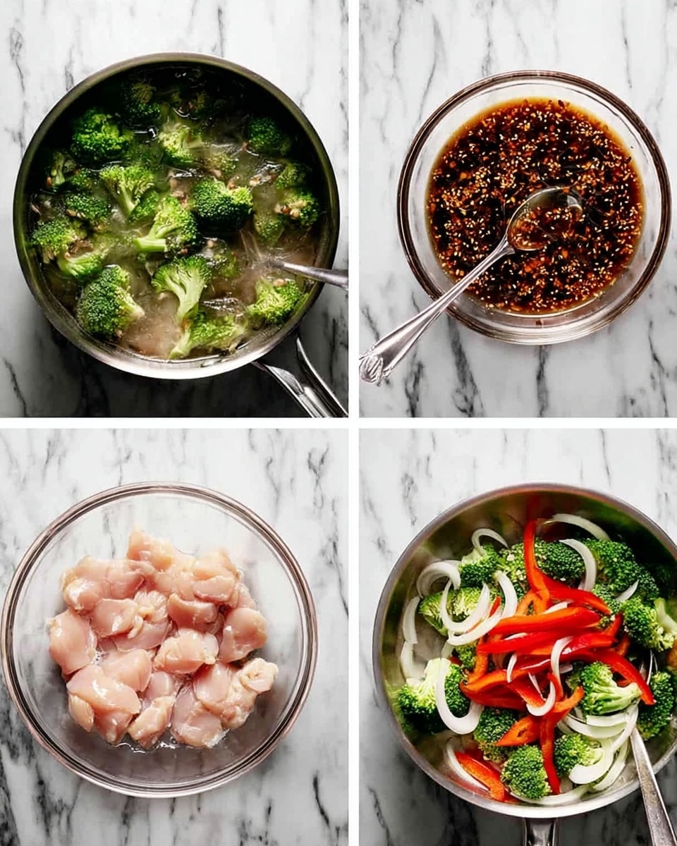 The image shows four scenes of cooking on a white marbled surface: top left is a silver pan with boiling water and green broccoli florets being lifted by a spoon; top right is a clear glass bowl filled with a thick dark sauce with visible seeds and spices, a silver spoon resting inside; bottom left is a glass bowl with pieces of raw pale pink chicken coated with a light powder; bottom right is a silver pan filled with vibrant green broccoli, thin white onion slices, and bright red bell pepper strips, all in mid-cooking. photo taken with an iphone --ar 4:5 --v 7