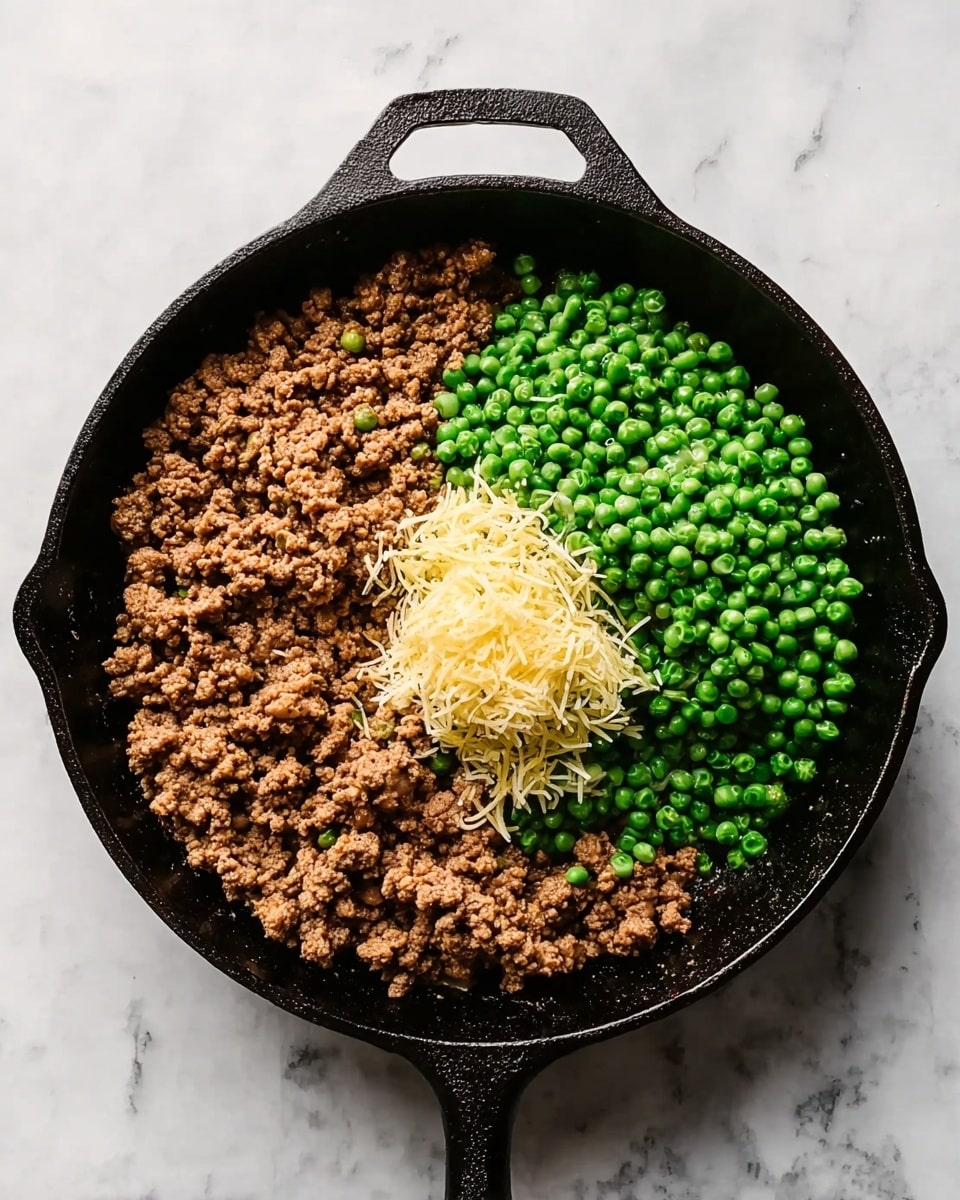 A black cast iron skillet is shown from above, placed on a white marbled surface. Inside the skillet, there are three main layers: the bottom layer is brown cooked ground meat spread evenly, the top right side has a pile of green peas, and in the center, there is a small mound of shredded light yellow cheese. The meat has a crumbly texture, the peas are round and fresh looking, and the cheese is finely shredded. photo taken with an iphone --ar 4:5 --v 7