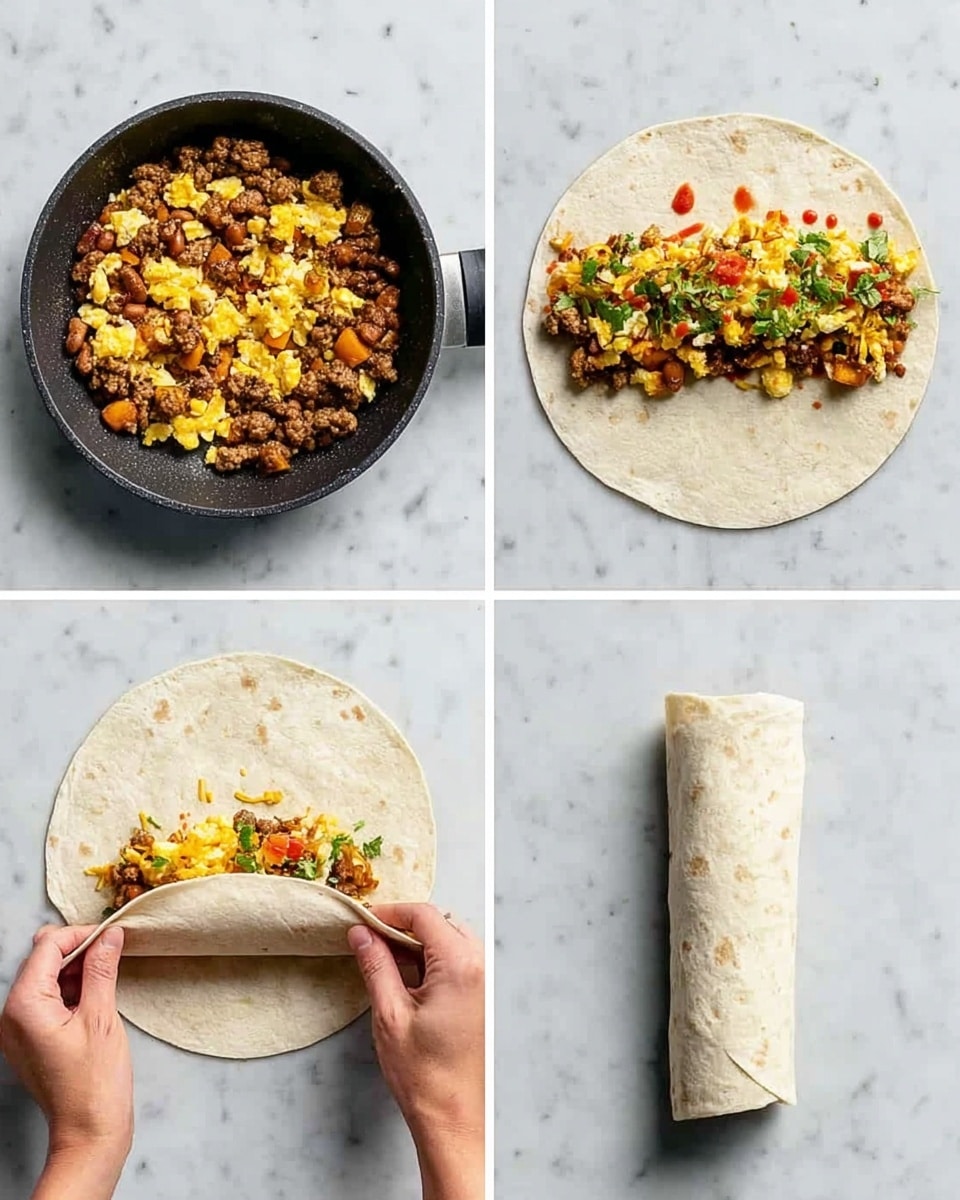 The image shows four square sections, each with a step of making a burrito, all on a white marbled surface. The top left section has a black skillet filled with yellow scrambled eggs mixed with brown, crumbled sausage and small pieces of green herbs, all cooked and piled together. The top right section shows a white tortilla laid flat with a middle layer of scrambled eggs and sausage, topped with scattered green herbs and drizzles of red sauce. The bottom left section captures a woman’s hands starting to roll the tortilla, folding the bottom edge over the filling, with visible scrambled eggs, sausage, green herbs, and red sauce inside. The bottom right section shows the fully rolled burrito in a smooth, slightly browned white tortilla, tightly wrapped and sealed on the white marbled surface. Photo taken with an iphone --ar 4:5 --v 7