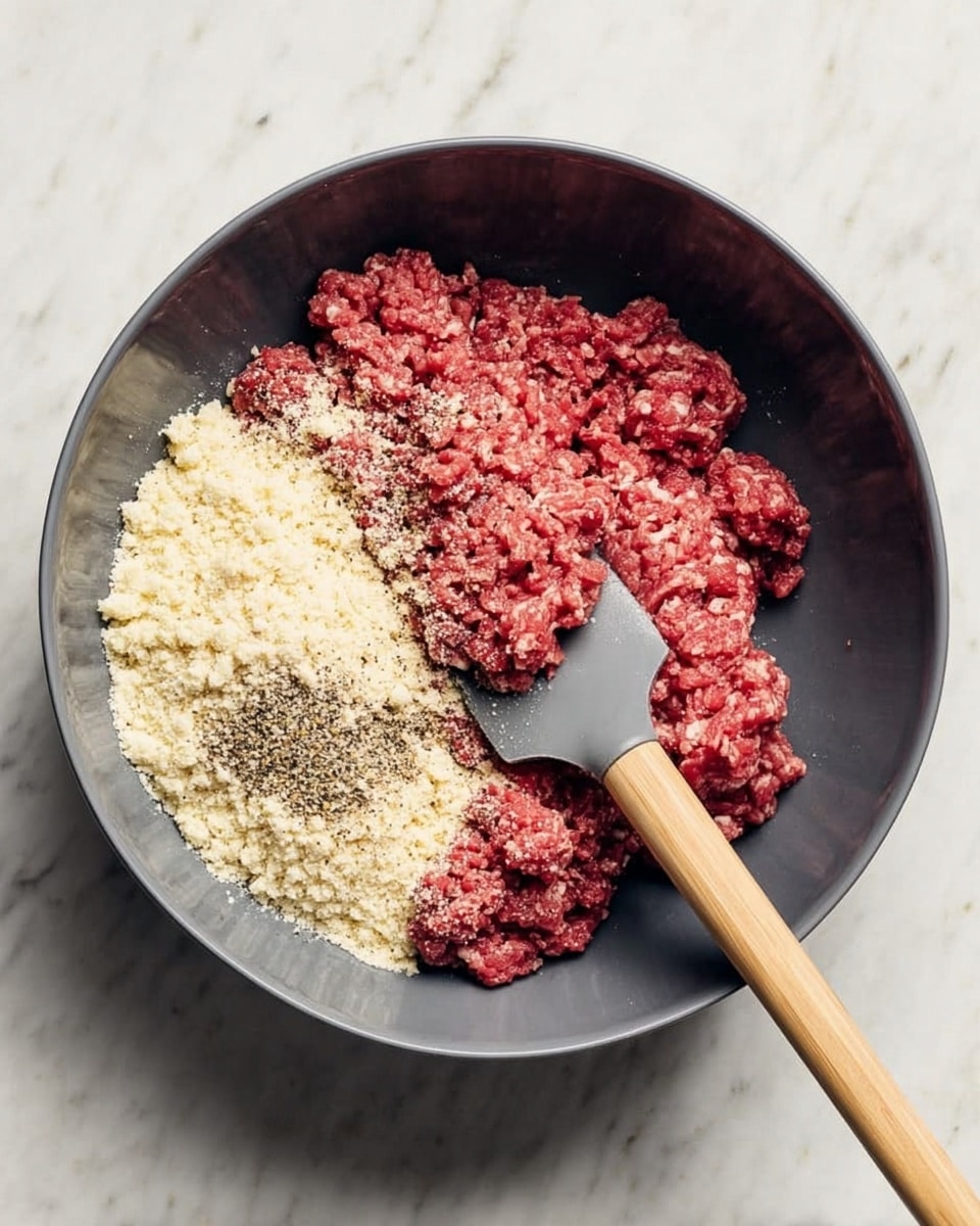 A dark gray round bowl sits on a white marbled surface. Inside the bowl, there are three main layers: raw ground meat covering about two-thirds of the bowl, finely crushed light beige crackers or bread crumbs on one side, and a small sprinkle of black pepper and salt mixing at the border between the meat and crumbs. A gray spatula with a light wooden handle rests inside the bowl, partly pressing into the meat and crumbs. The colors contrast between the deep red of the meat and the pale beige of the crumbs, showing different textures clearly, with the smooth, soft meat and dry crumbly crackers. photo taken with an iphone --ar 4:5 --v 7