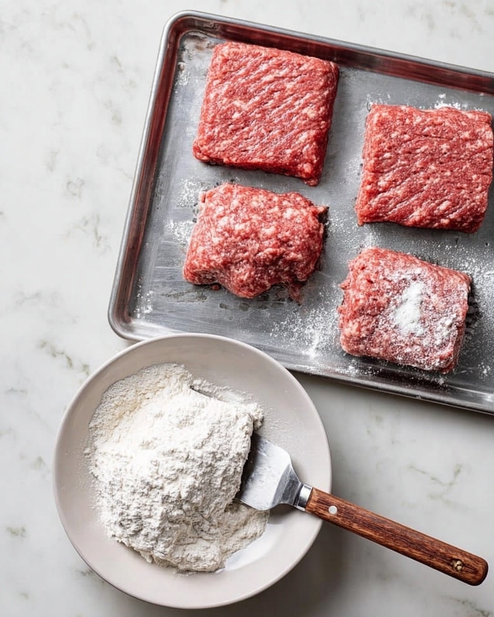 The image shows four square pieces of raw ground meat on a silver baking tray, with a metal spatula that has a wooden handle placed under one piece. Next to the tray is a white bowl filled with white flour and three pieces of raw ground meat coated in the flour, resting on top. The background is a white marbled surface. photo taken with an iphone --ar 4:5 --v 7