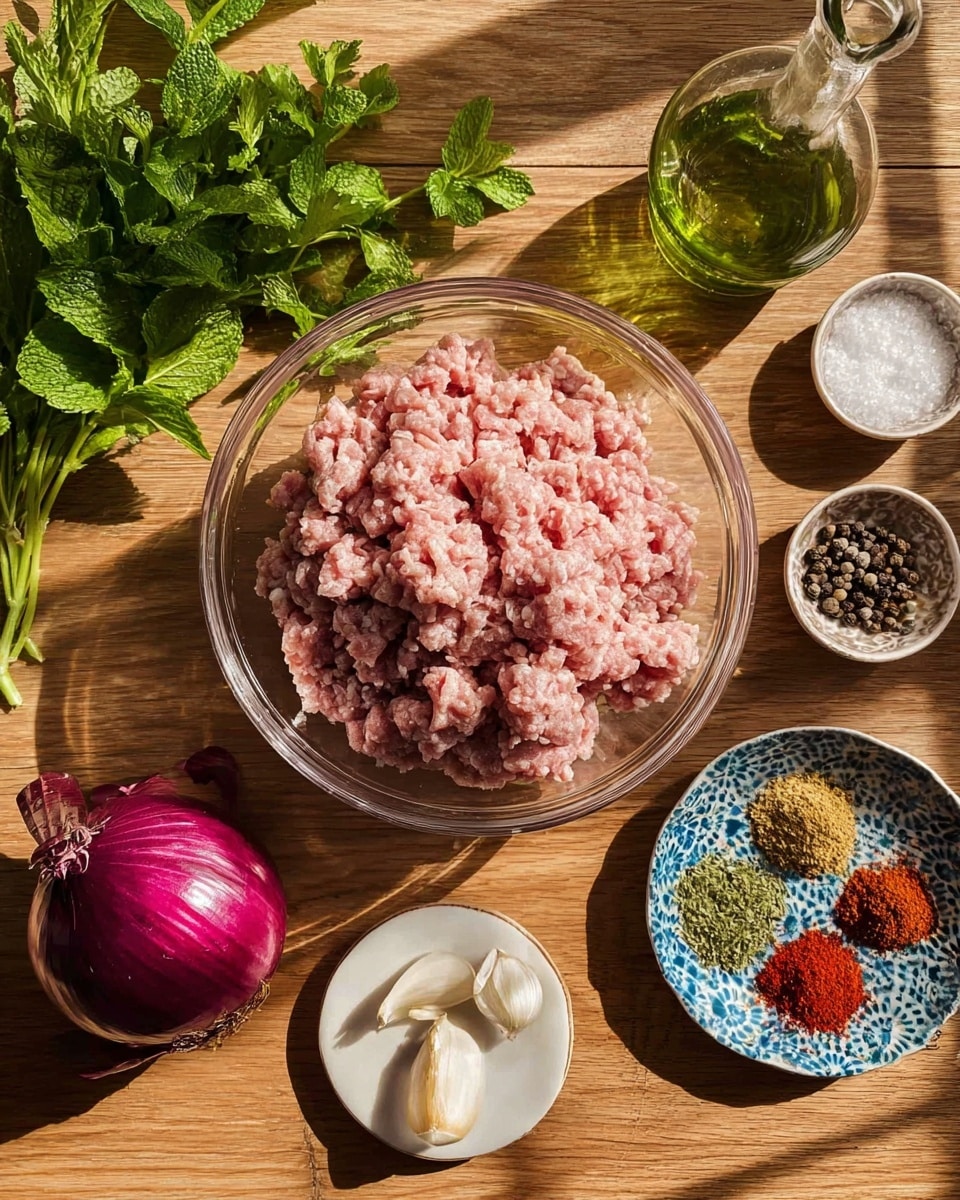 A clear glass bowl in the center holds a large mound of raw ground meat, light pink with small white fat bits mixed in. Surrounding the bowl on a wooden surface are fresh green herbs on the left side, with leafy parsley at the top left and mint leaves below it. Below the herbs is a whole red onion with purple skin and root ends showing. Near the bottom left, a small white plate holds two garlic cloves. On the right side, a blue and white patterned small plate holds four tiny bowls with different spices: green dried herbs, light brownish-yellow powder, bright red powder, and darker red powder. Above this plate, there are two small dishes; one with white salt, and one with black peppercorns. At the top right corner, a green glass bottle with a metal pour spout is placed. The whole setup is arranged on a wooden surface with sunlight casting shadows. photo taken with an iphone --ar 4:5 --v 7