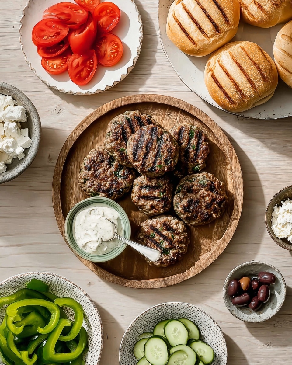 A round white plate on a wooden tray holds six grilled meat patties with dark grill marks and bits of green herbs mixed inside. To the top right, a white plate holds four sandwich buns, one sliced with grill marks. Near the buns, a small white scalloped plate displays several bright red tomato slices arranged in a small pile. Below the tomatoes, a small green bowl contains a creamy white sauce with a metal spoon resting inside. Center bottom right, a textured white bowl is filled with thin, round cucumber slices stacked neatly. To the bottom left, a white scalloped plate shows rings of fresh green bell pepper. Between the peppers and cucumbers, a small textured white bowl has a fluffy white cheese. At the center bottom, a tiny textured bowl holds dark sliced olives. All dishes sit on a light wood table with a white marbled texture background. photo taken with an iphone --ar 4:5 --v 7