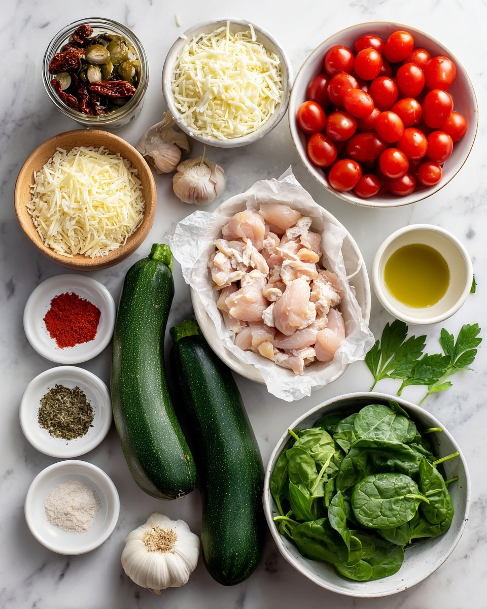 The image shows several raw ingredients arranged neatly on a white marbled surface. At the center are three dark green zucchinis of different sizes, standing upright. Below the zucchinis is a white bowl lined with parchment paper holding pale pink chicken pieces. To the right, a round white bowl is filled with bright red grape tomatoes, and below it, another white bowl holds fresh dark green spinach leaves. Above the zucchinis, a small white bowl contains shredded white mozzarella cheese, next to a small wooden bowl with salt and pepper. To the left, a white bowl holds shredded pale yellow Parmesan. Near the top left corner, a jar with dark sun-dried tomatoes is open, and next to it are a few garlic cloves and a shallot. Several small white dishes hold spices: bright red paprika, red pepper flakes, dried oregano, garlic powder, and dried basil. A small white bowl with light yellow olive oil is near the bottom right. Green parsley leaves add a fresh touch at the top right. The setup is clean and organized, with natural light highlighting the fresh ingredients photo taken with an iphone --ar 4:5 --v 7