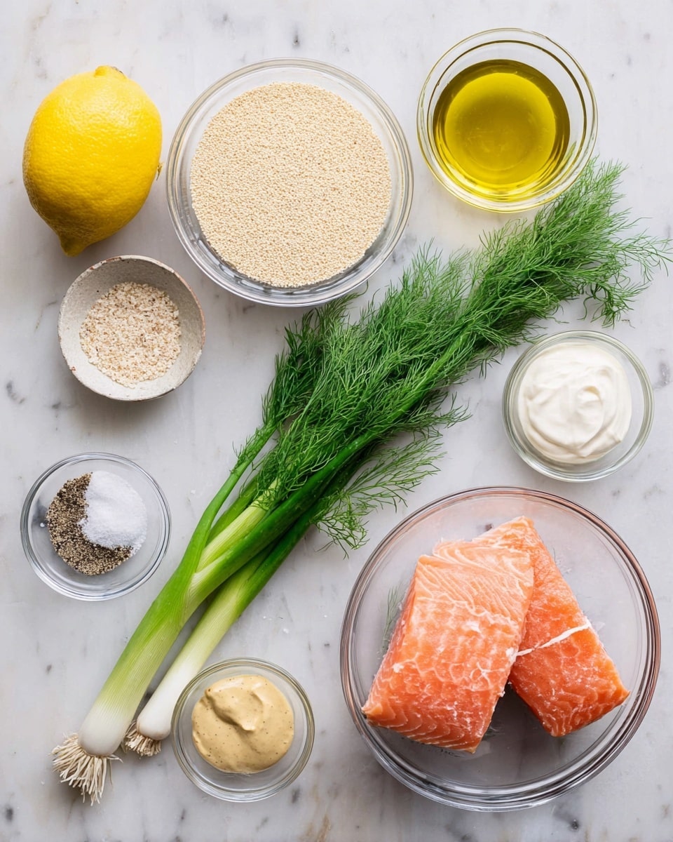 The image shows ingredients for a recipe laid out on a white marbled surface. On the right, there is a clear glass bowl with two pieces of orange-pink raw salmon with white lines. Above the bowl, a clear glass container holds golden yellow olive oil. Near the center, fresh green dill and three green onions with white bulbs lie next to each other. To the upper left of the dill, a whole bright yellow lemon sits next to a clear bowl filled with light beige breadcrumbs. Below the lemon, there is a small clear bowl with white powdery salt and black pepper. To the bottom left, two other small clear bowls hold light brown dijon mustard and thick white sour cream, respectively. All items and colors appear fresh and neatly arranged in a neat and clean style. Photo taken with an iphone --ar 4:5 --v 7